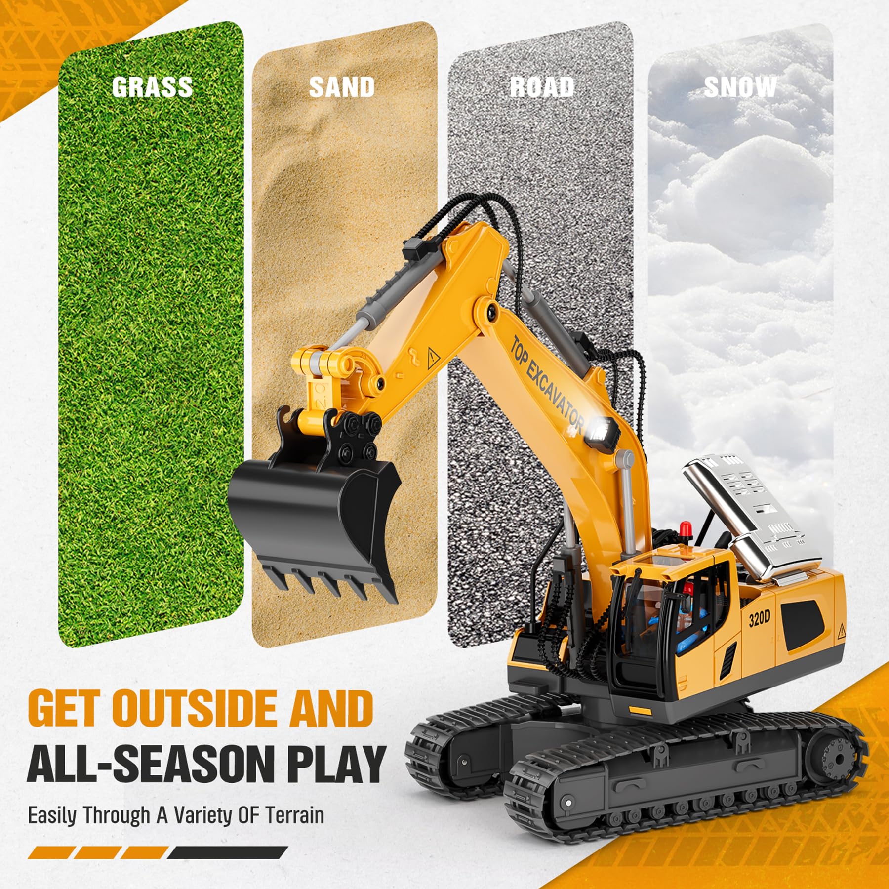 Remote Control Excavator Construction Toys for Boys, 2×1200mAh RC Construction Truck with Metal Shovel & Light, 11CH Excavator Toys for Boys 3-5 4-7 8-12 Year Old Kids Christmas Birthday Gift,120+Mins - Image 2