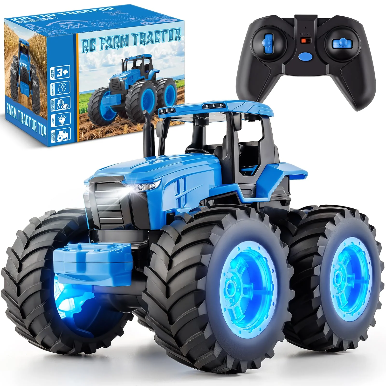 Remote Control Monster Tractor Toy for 3, 4, 5, 6, 7 years old, Blue Light Up Monster Trucks Toy with LED Lights Toddlers RC Farm Vehicle Toys for Boys & Girls Ideal Christmas, Birthday Gifts for Kids
