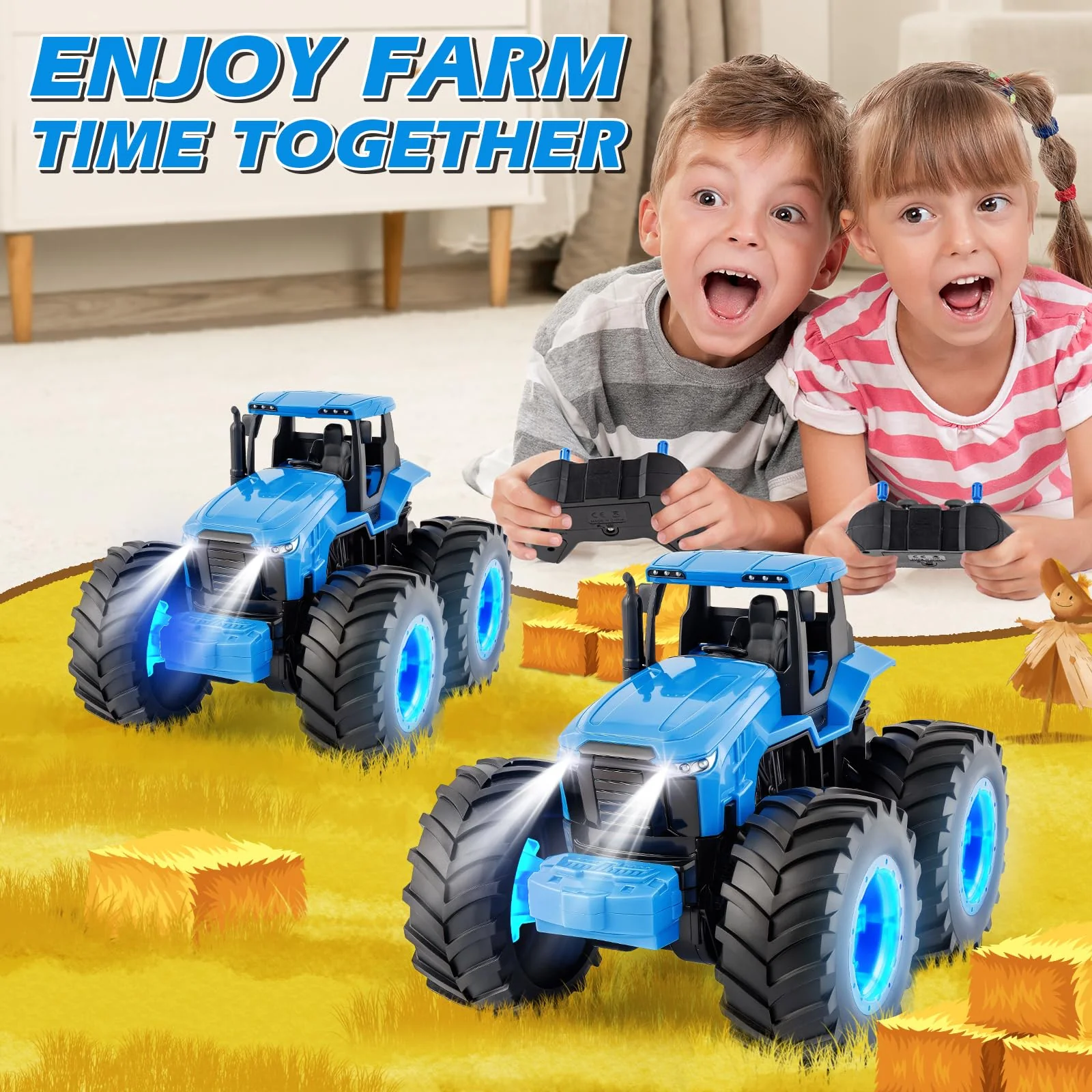 Remote Control Monster Tractor Toy for 3, 4, 5, 6, 7 years old, Blue Light Up Monster Trucks Toy with LED Lights Toddlers RC Farm Vehicle Toys for Boys & Girls Ideal Christmas, Birthday Gifts for Kids - Image 3