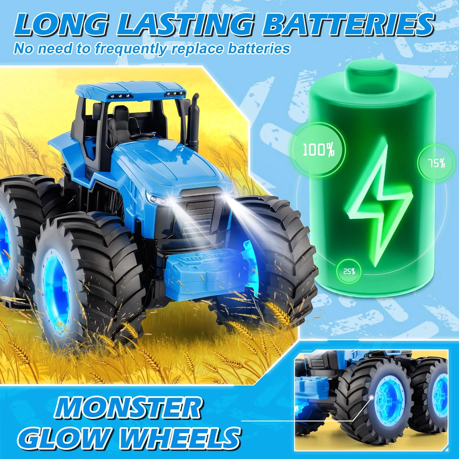 Remote Control Monster Tractor Toy for 3, 4, 5, 6, 7 years old, Blue Light Up Monster Trucks Toy with LED Lights Toddlers RC Farm Vehicle Toys for Boys & Girls Ideal Christmas, Birthday Gifts for Kids - Image 4