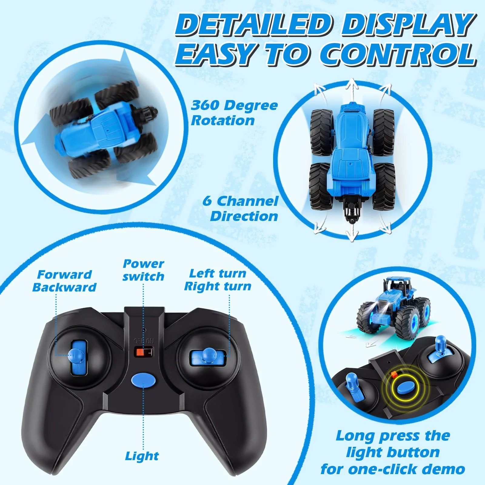 Remote Control Monster Tractor Toy for 3, 4, 5, 6, 7 years old, Blue Light Up Monster Trucks Toy with LED Lights Toddlers RC Farm Vehicle Toys for Boys & Girls Ideal Christmas, Birthday Gifts for Kids - Image 5