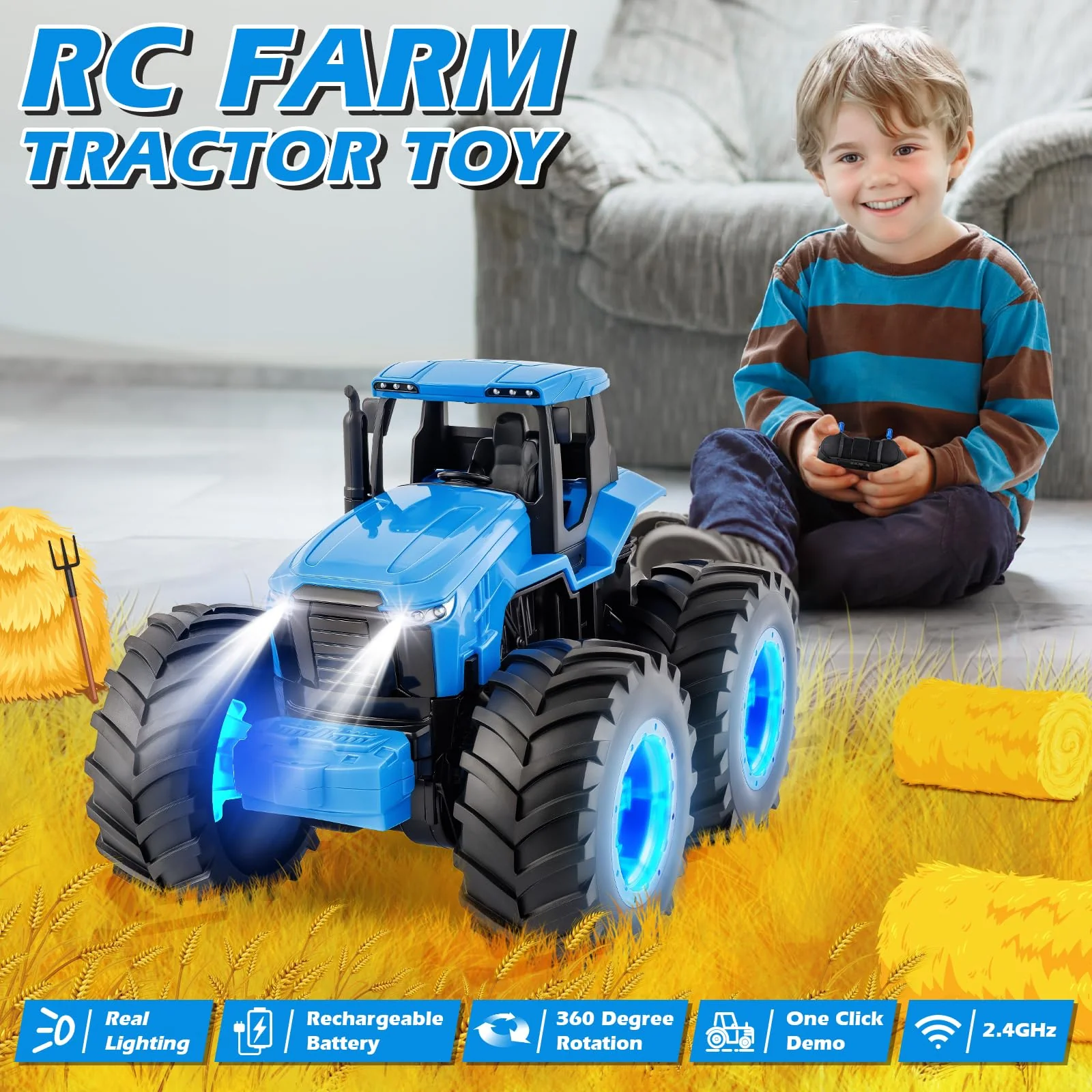 Remote Control Monster Tractor Toy for 3, 4, 5, 6, 7 years old, Blue Light Up Monster Trucks Toy with LED Lights Toddlers RC Farm Vehicle Toys for Boys & Girls Ideal Christmas, Birthday Gifts for Kids - Image 6