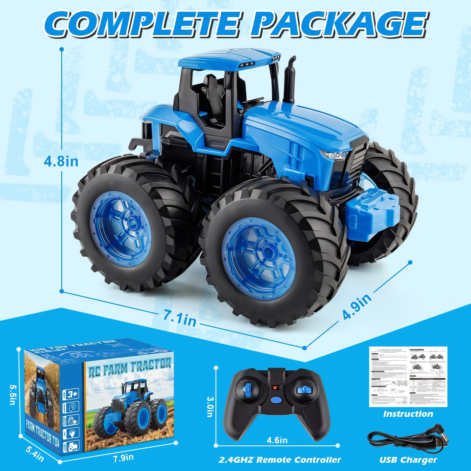 Remote Control Monster Tractor Toy for 3, 4, 5, 6, 7 years old, Blue Light Up Monster Trucks Toy with LED Lights Toddlers RC Farm Vehicle Toys for Boys & Girls Ideal Christmas, Birthday Gifts for Kids - Image 7