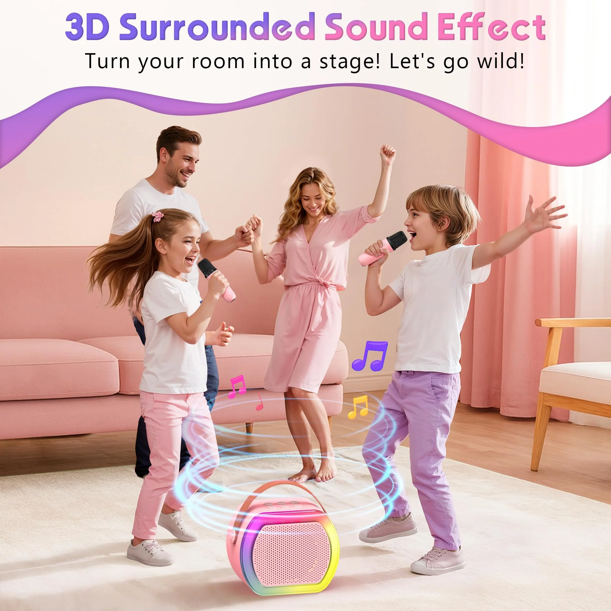 Reoslar Mini Karaoke Machine with 2 Wireless Microphones,2025 TOP Kids Portable Karaoke Machine for 3, 4, 5, 6, 7, 8, 9,10,11,12+Year Old, Best Birthday Christmas Toy Gift-Kids' Instrument - Image 7
