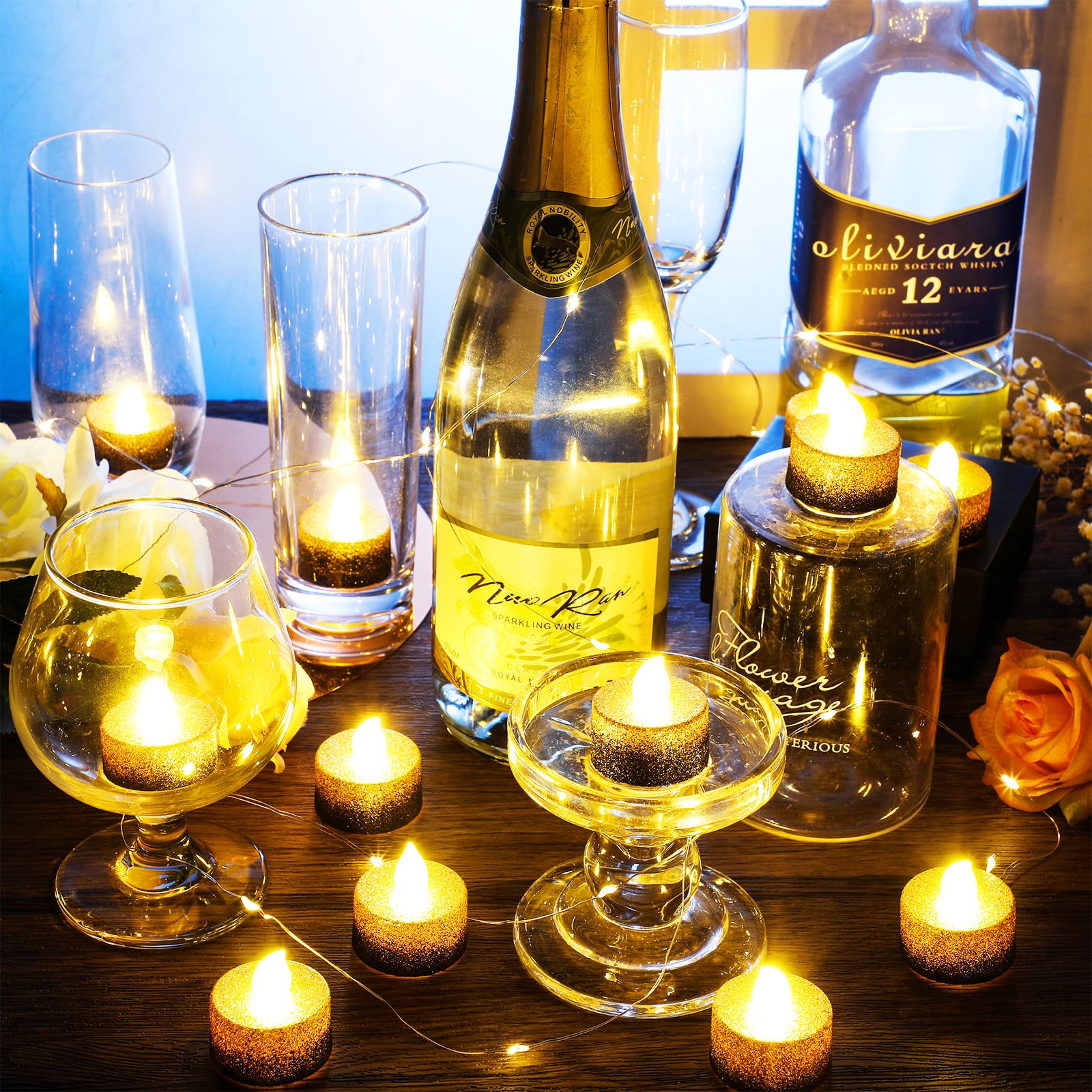 Retisee 48 Pcs Flameless LED Tea Lights Gold Black Glitter Electric Fake Candles for Centerpieces Battery Operated Anniversary Decorations Romantic Winter Decor for Wedding Festival Christmas Birthday - Image 2