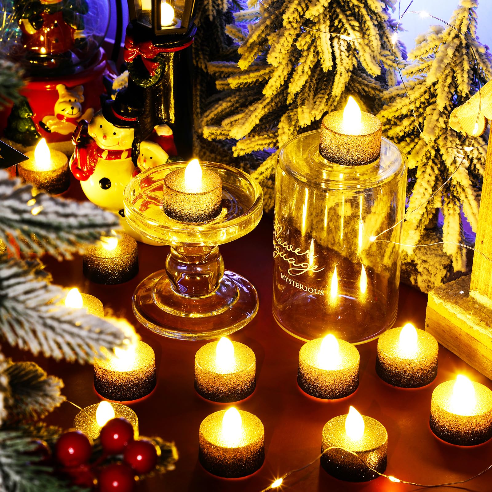 Retisee 48 Pcs Flameless LED Tea Lights Gold Black Glitter Electric Fake Candles for Centerpieces Battery Operated Anniversary Decorations Romantic Winter Decor for Wedding Festival Christmas Birthday - Image 3