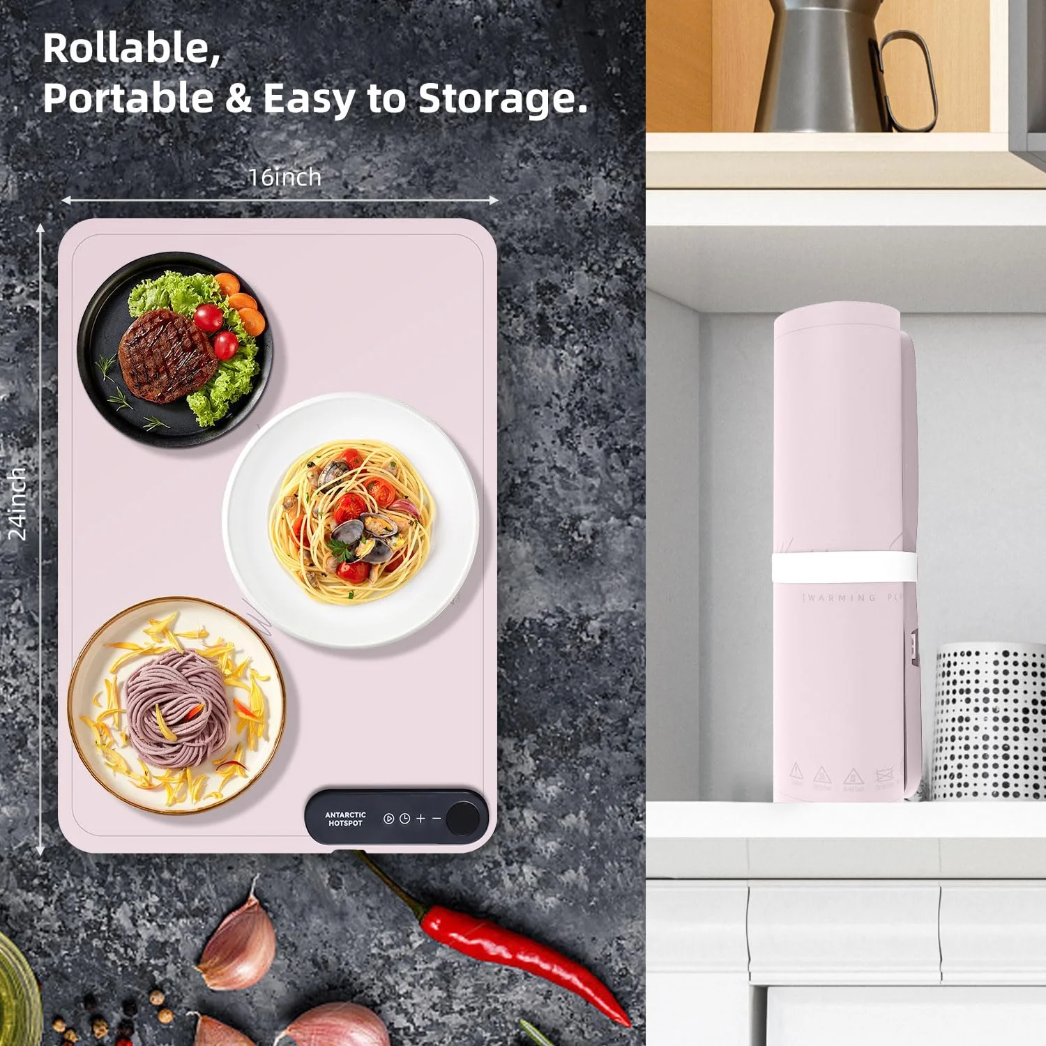 Revolutionary Rollable Full Surface Heating Warming Mat for Food Party Buffet Daily Use, Portable Electric Silicone Defrosting Tray, Hot Plate Keep Food Warm (Light Pink) - Image 3