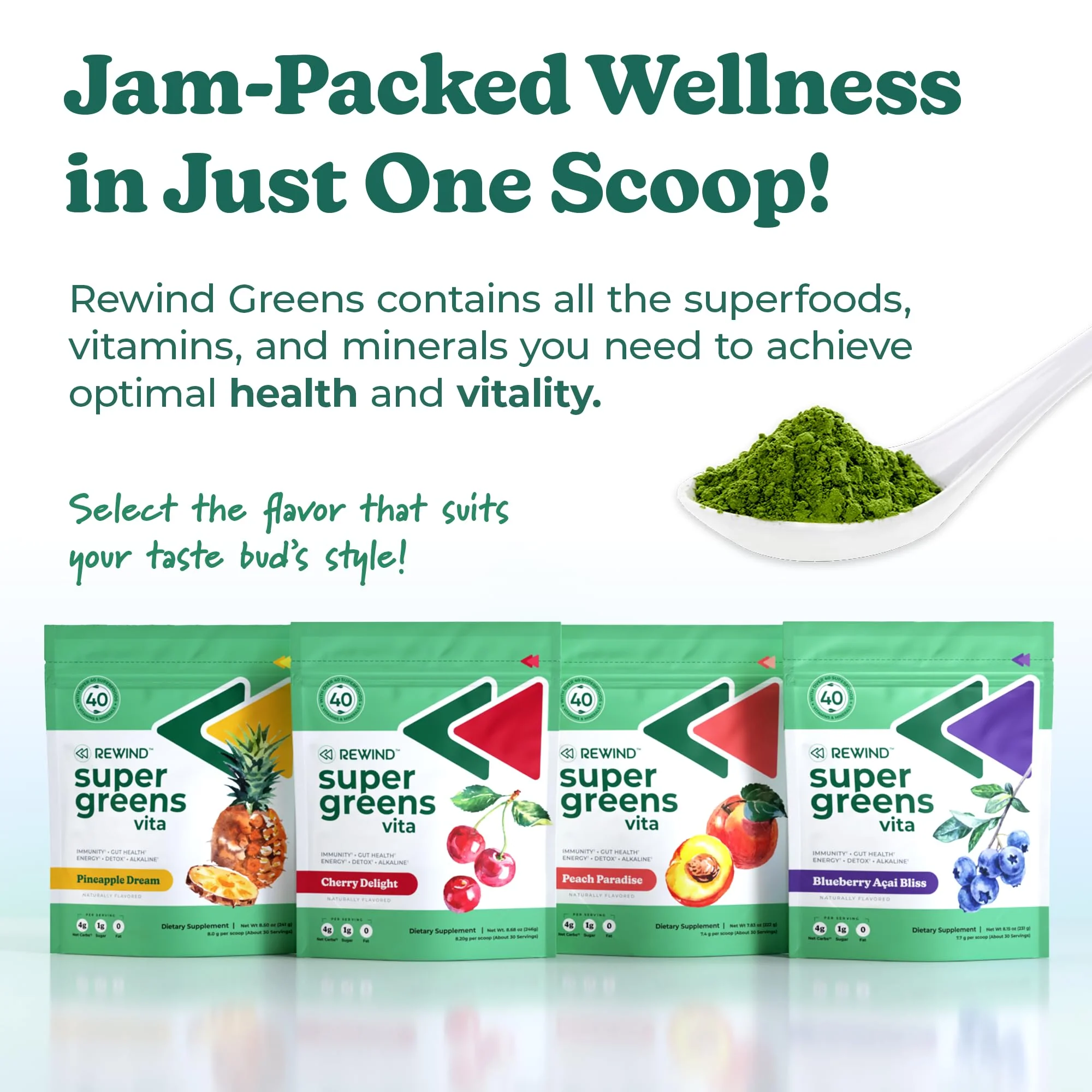 Rewind Best Tasting Super Greens Powder with 40+ Superfoods – Delicious Daily Green Powder with Vitamin B12, Zinc, Vitamin C, Magnesium & Calcium – Green Juice Superfood Mix - Blueberry Acai Flavor - Image 5