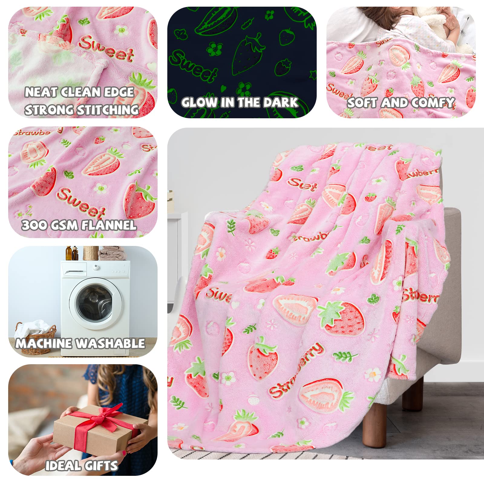 REXEO Flannel Throw Blanket, 50 x 60in, Glow in The Dark, Fluorescent Strawberry, Lightweight, Fiber Plush, for Girls Kids, Birthday Christmas Gifts - Image 2
