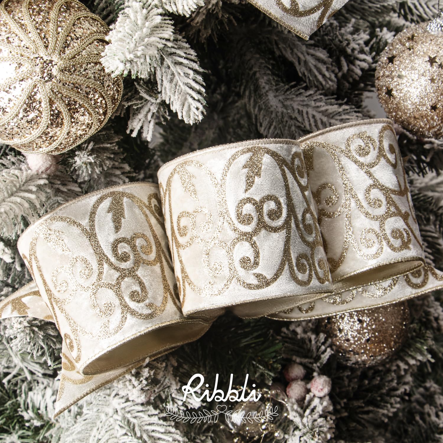 Ribbli Ivory Velvet Ribbon Wired with Glitter Swirl 4 Inch Christmas Ribbon for Christmas Tree Decoration Big Bow Gift Wrapping Crafts Wreaths Supplies - 10 Yards - Image 2