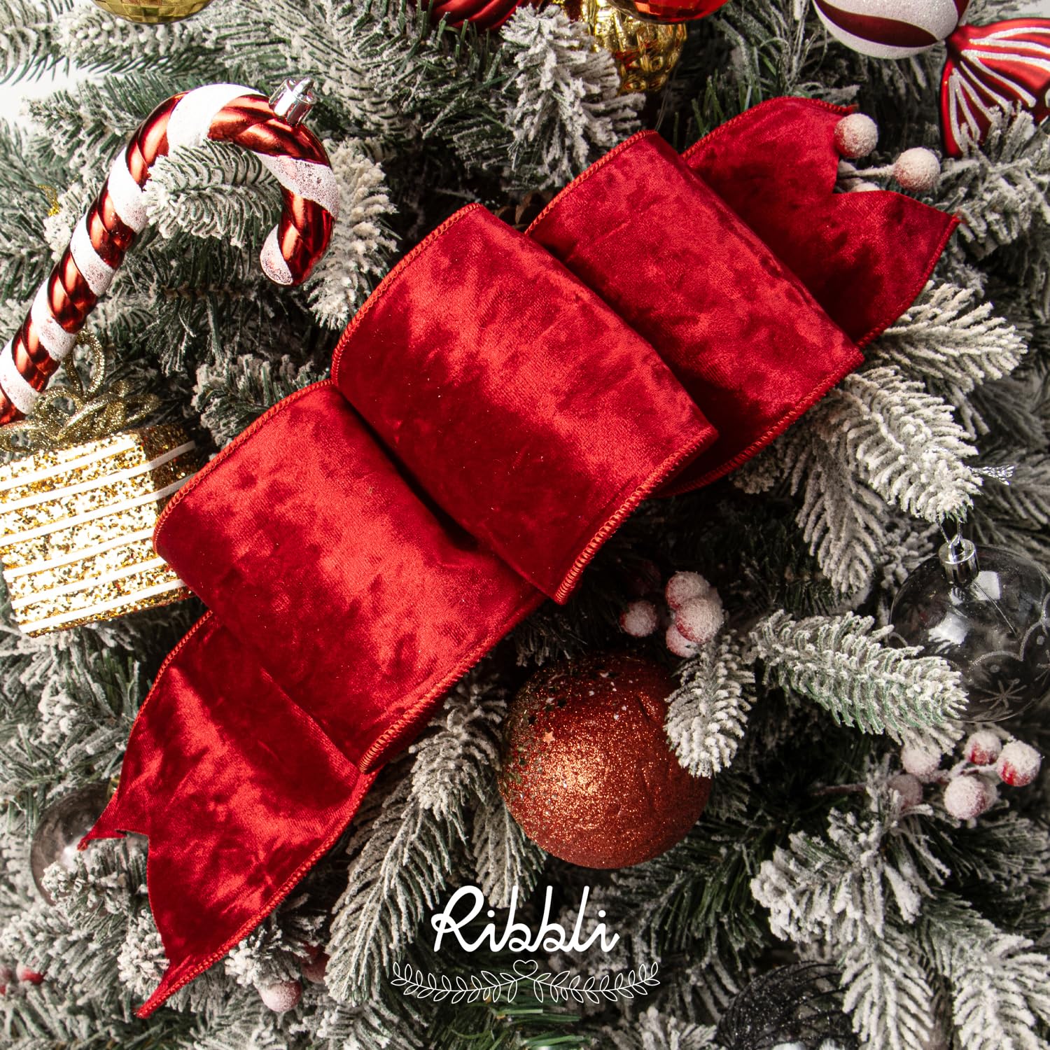 Ribbli Red Velvet Wired Ribbon 4 Inch Metallic Red Gold Crushed Velvet Christmas Ribbon for Gift Wrapping Christmas Tree Decoration Crafts Wreaths Supplies-Continuous 10 Yards - Image 3