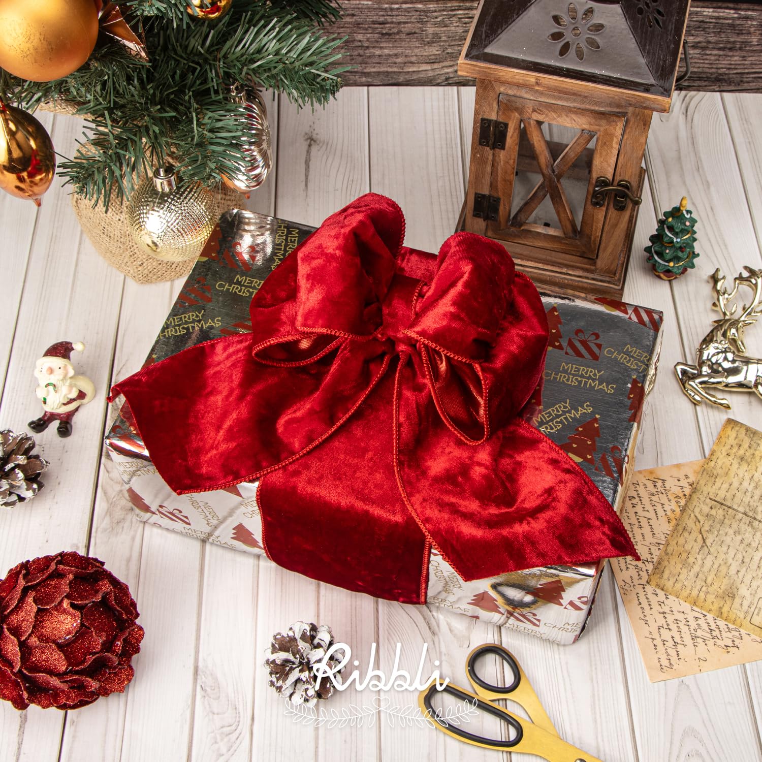 Ribbli Red Velvet Wired Ribbon 4 Inch Metallic Red Gold Crushed Velvet Christmas Ribbon for Gift Wrapping Christmas Tree Decoration Crafts Wreaths Supplies-Continuous 10 Yards - Image 5