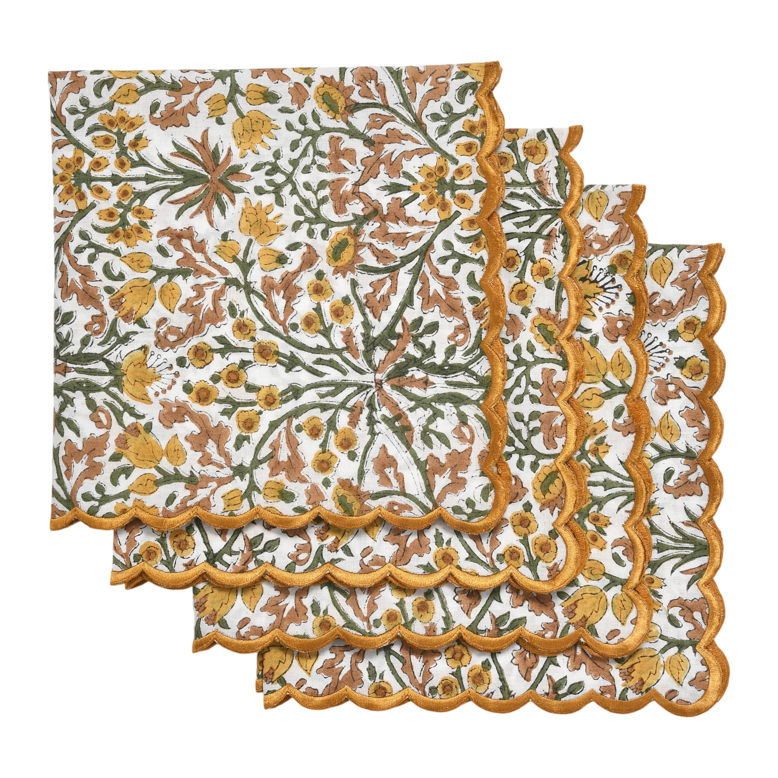 Ridhi Goldenrod Yellow Fern Green Hand Block Print Napkins 18" x 18" Set of 4 Reusable Cotton Dinner Napkins for Weddings, Parties & Everyday Dining, Thanksgiving, Christmas, Fall