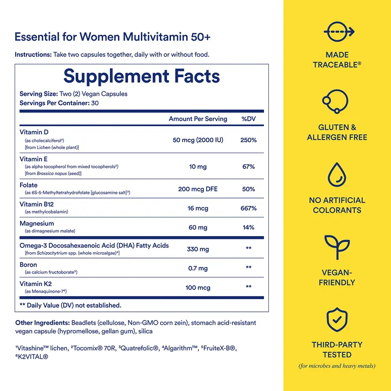 Ritual Ritual Multivitamin for Women 50+, Menopause Supplements with Vitamin D3, K2 and Magnesium for Bone Support*, Omega-3 DHA, Vitamin B12, Non-GMO, Mint Essenced, 30 Day Supply, 60 Vegan Capsules - Image 7