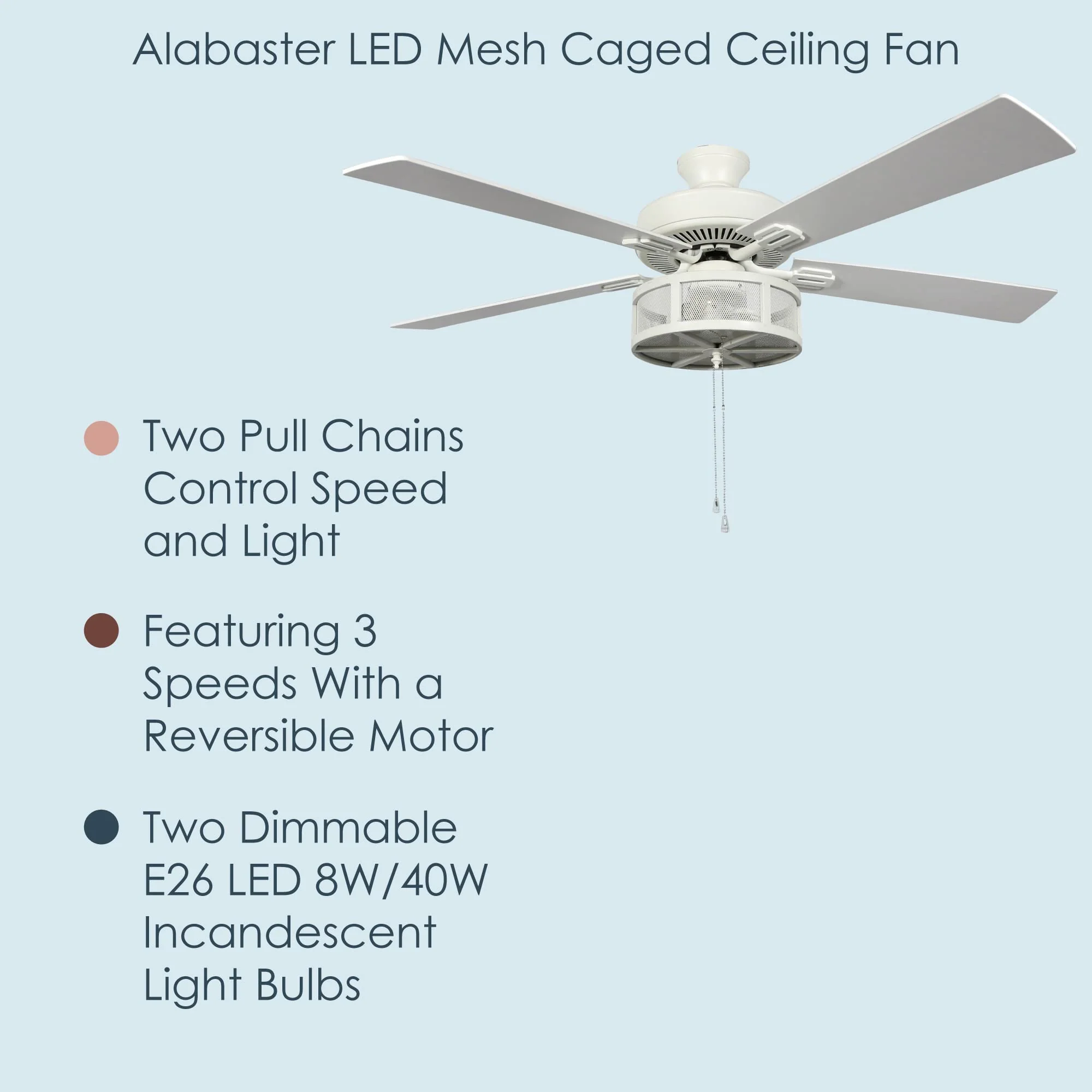 RIVER OF GOODS Alabaster LED Mesh Caged Ceiling Fan - 52" L X 52" W - White/Oak Wood-Grain Blades - Image 7