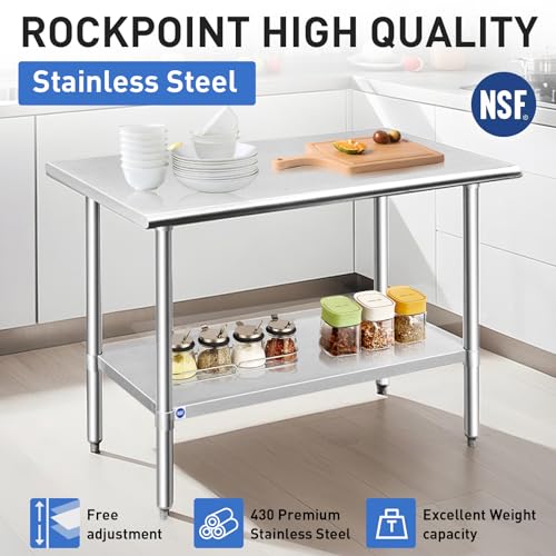 ROCKPOINT Stainless Steel Table for Prep & Work 24x30 Inches, NSF Metal Commercial Kitchen Heavy Duty Table with Adjustable Under Shelf and Table Foot for Restaurant, Home and Hotel - Image 8