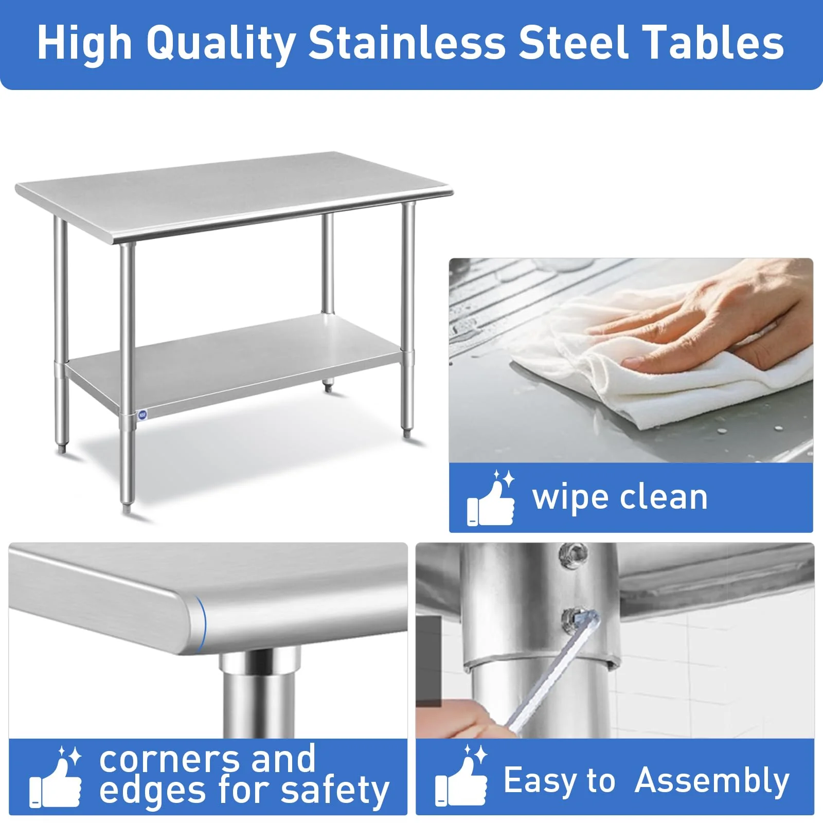 ROCKPOINT Stainless Steel Table for Prep & Work 24x36 Inches, NSF Metal Commercial Kitchen Heavy Duty Table with Adjustable Under Shelf and Table Foot for Restaurant, Home and Hotel - Image 4