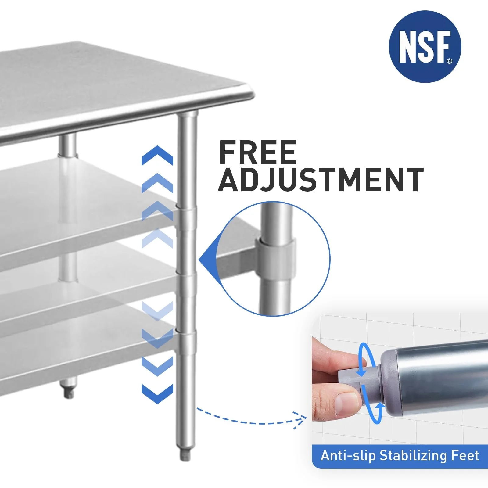 ROCKPOINT Stainless Steel Table for Prep & Work 24x72 Inches, NSF Metal Commercial Kitchen Heavy Duty Table with Adjustable Under Shelf and Table Foot for Restaurant, Home and Hotel - Image 4