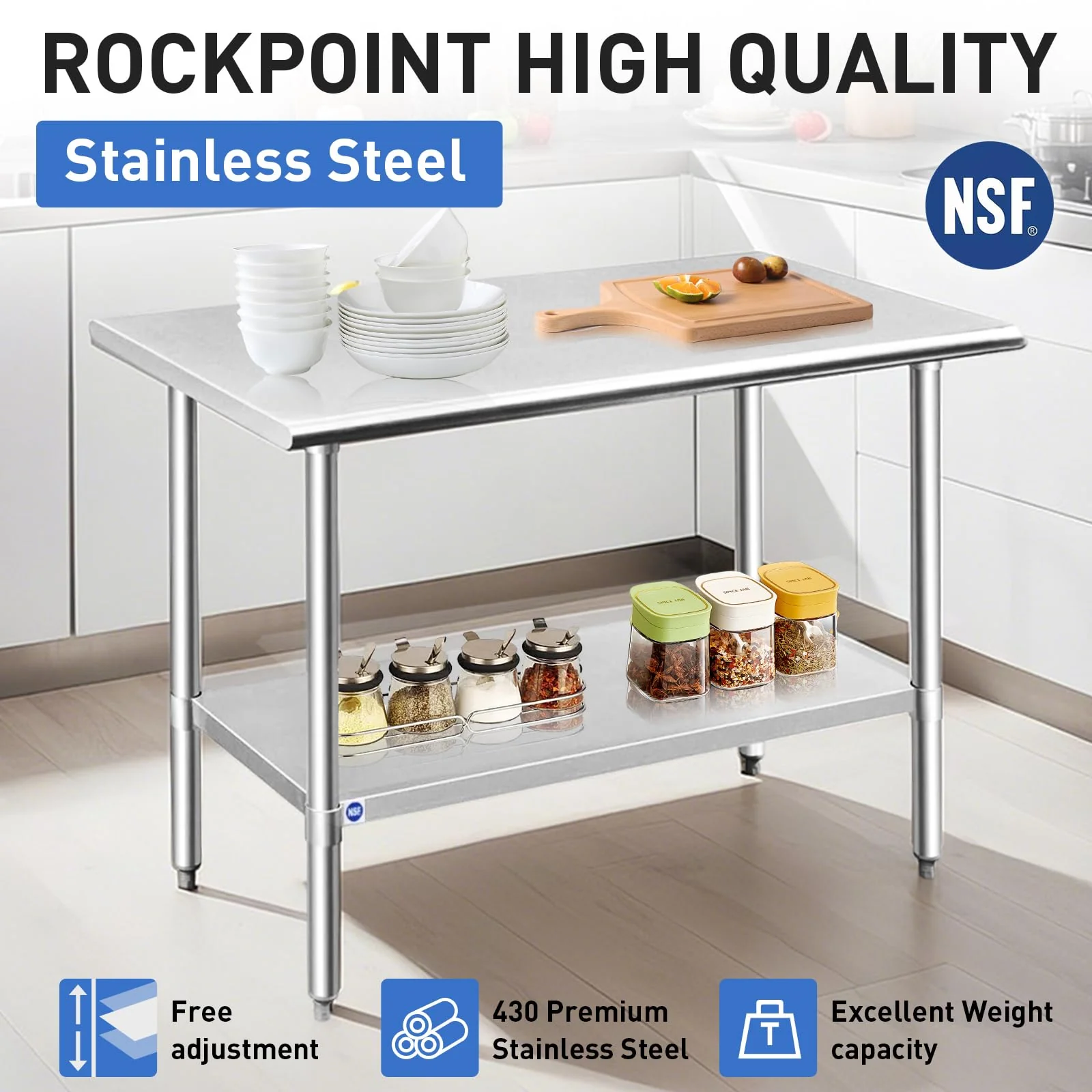 ROCKPOINT Stainless Steel Table for Prep & Work 30x48 Inches, NSF Metal Commercial Kitchen Heavy Duty Table with Adjustable Under Shelf and Table Foot for Restaurant, Home and Hotel - Image 6