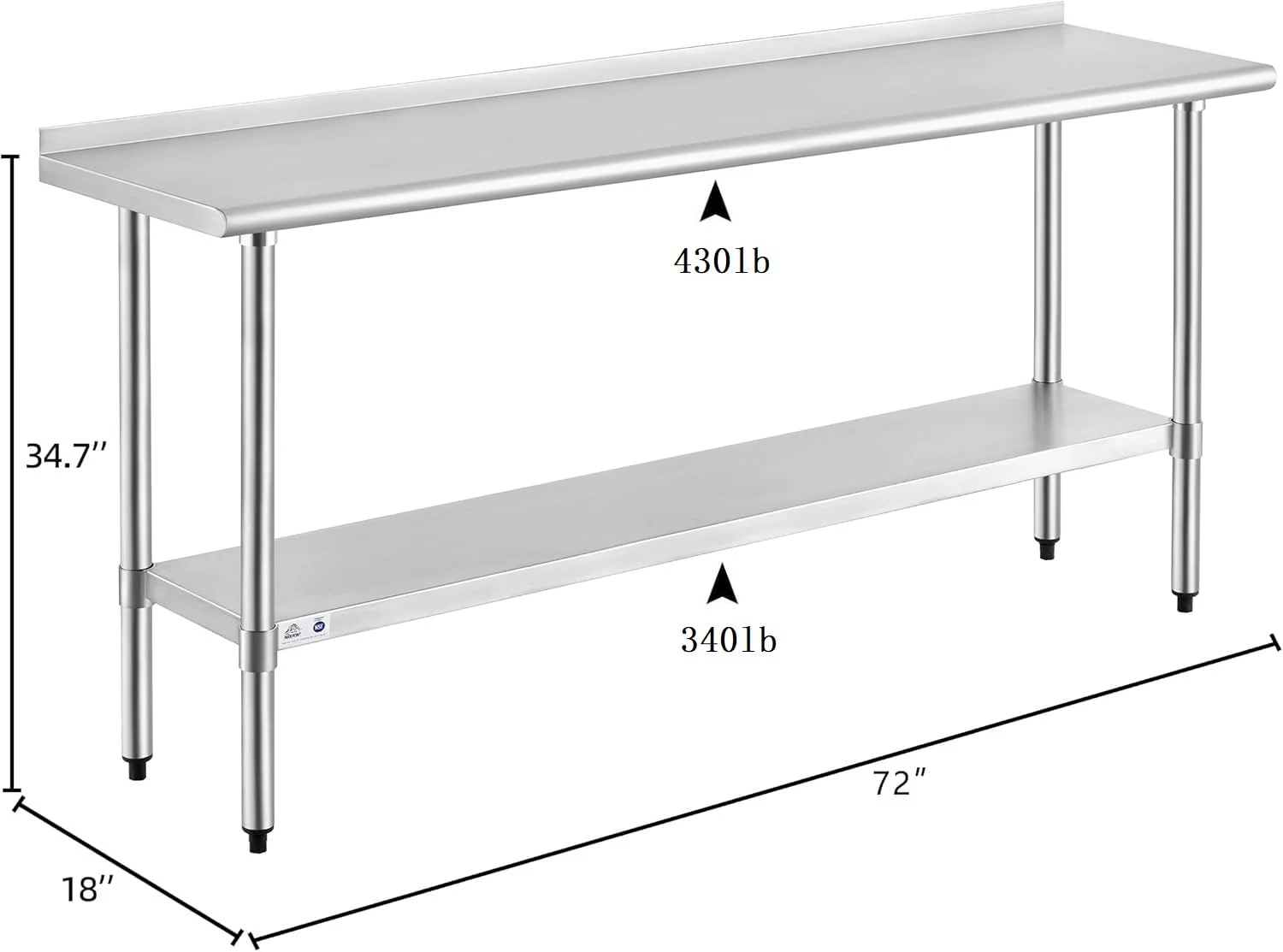 ROCKPOINT Stainless Steel Table for Prep & Work with Backsplash 18x72 Inches, NSF Metal Commercial Kitchen Heavy Duty Table with Adjustable Under Shelf and Table Foot for Restaurant, Home and Hotel - Image 5
