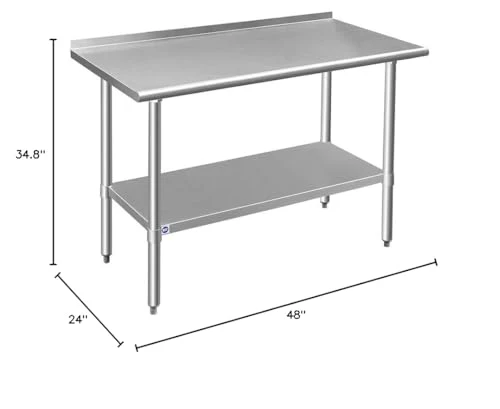 ROCKPOINT Stainless Steel Table for Prep & Work with Backsplash 24x48 Inches, NSF Metal Commercial Kitchen Heavy Duty Table with Adjustable Under Shelf and Table Foot for Restaurant, Home and Hotel - Image 3