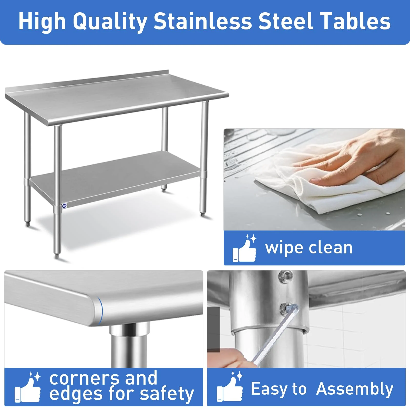 ROCKPOINT Stainless Steel Table for Prep & Work with Backsplash 30x60 Inches, NSF Metal Commercial Kitchen Heavy Duty Table with Adjustable Under Shelf and Table Foot for Restaurant, Home and Hotel - Image 3