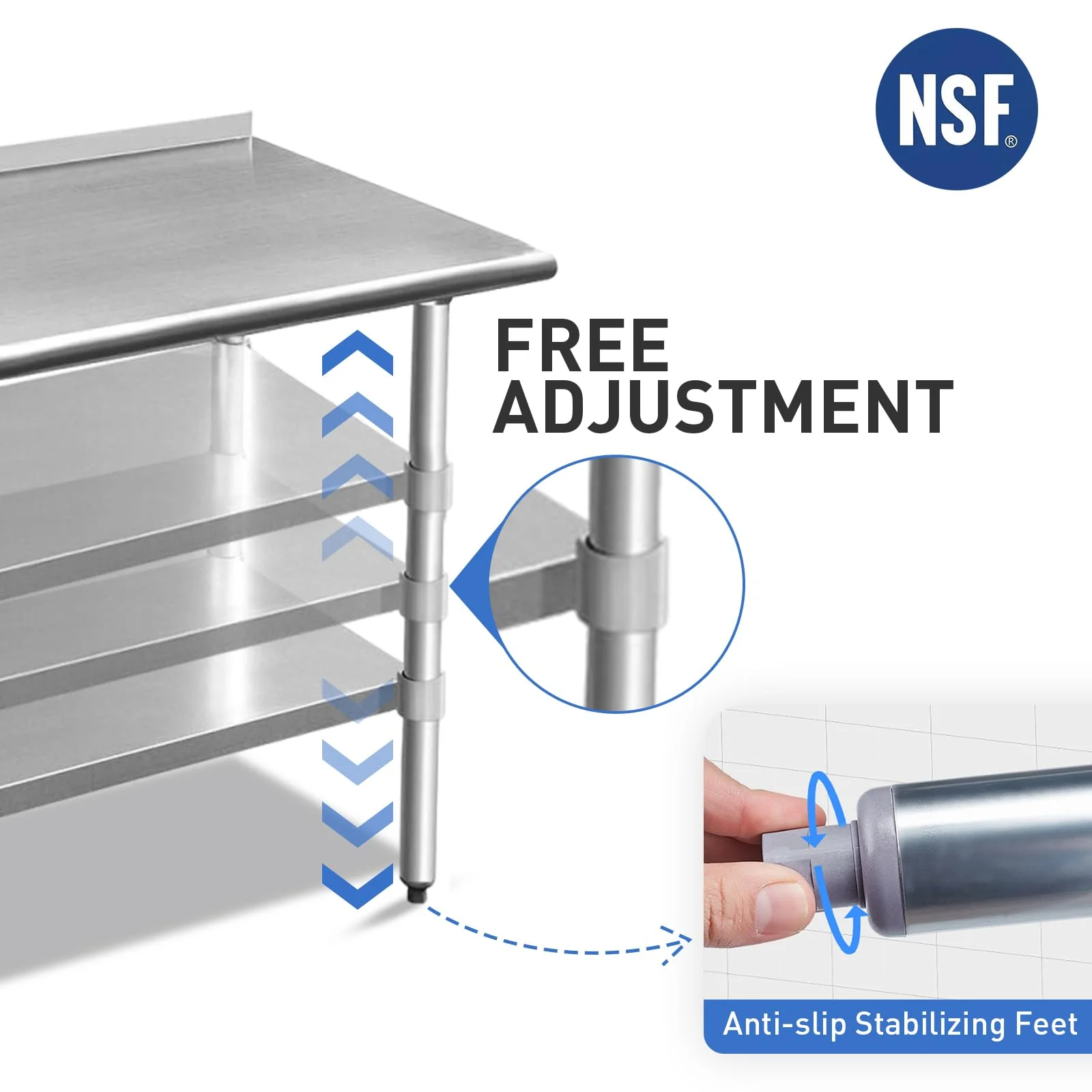 ROCKPOINT Stainless Steel Table for Prep & Work with Backsplash 30x60 Inches, NSF Metal Commercial Kitchen Heavy Duty Table with Adjustable Under Shelf and Table Foot for Restaurant, Home and Hotel - Image 4