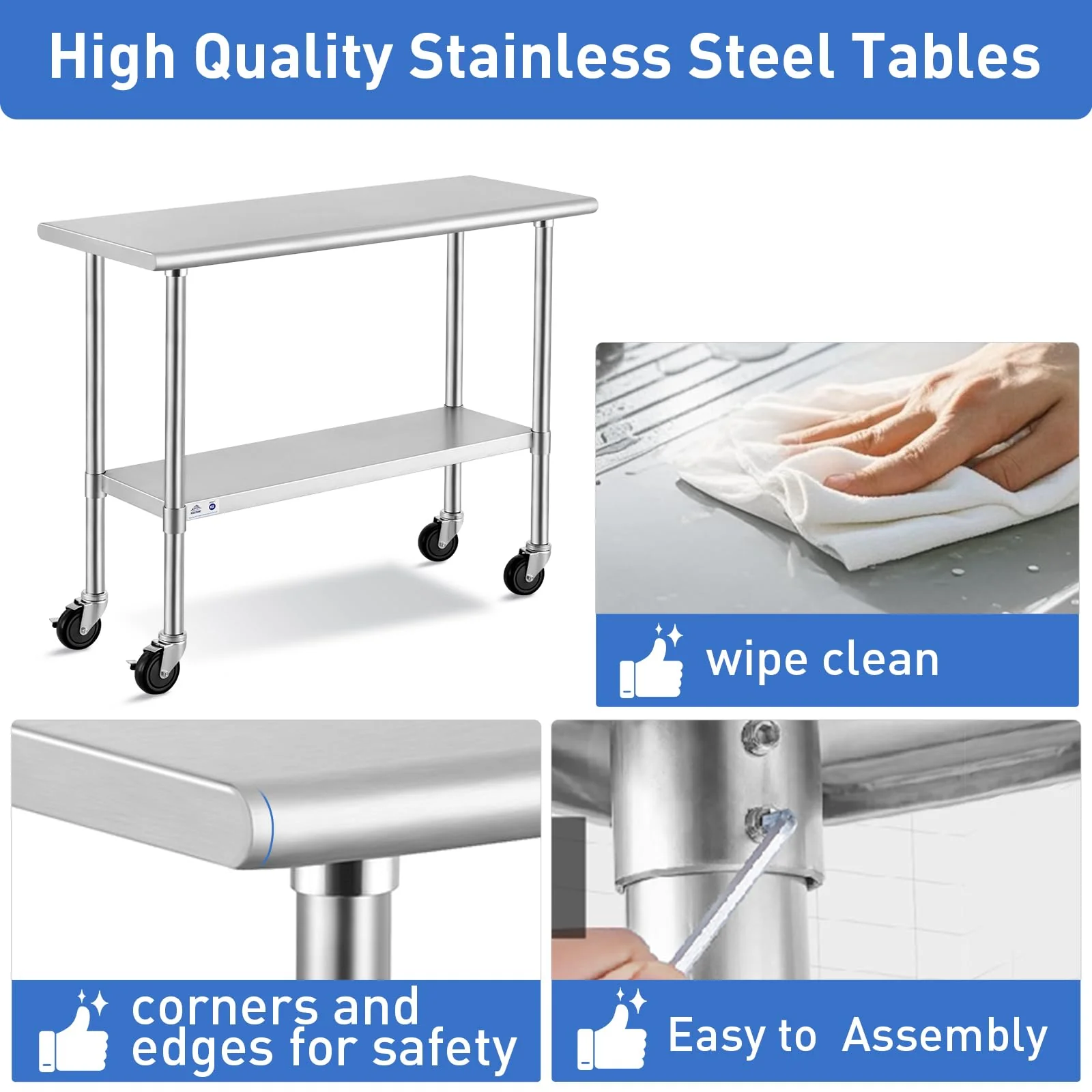 ROCKPOINT Stainless Steel Table for Prep & Work with Caster Wheels 14x30 Inches, NSF Metal Commercial Kitchen Heavy Duty Table with Adjustable Under Shelf and Table Foot for Restaurant, Home and Hotel - Image 5