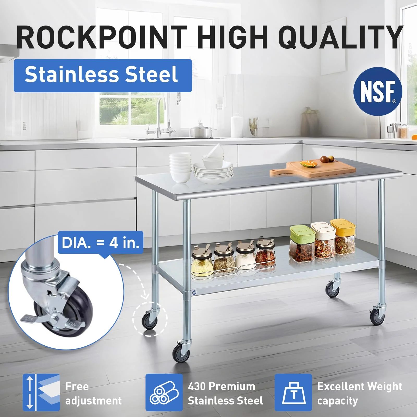 ROCKPOINT Stainless Steel Table for Prep & Work with Caster Wheels 24x36 Inches, NSF Metal Commercial Kitchen Heavy Duty Table with Adjustable Under Shelf and Table Foot for Restaurant, Home and Hotel - Image 3