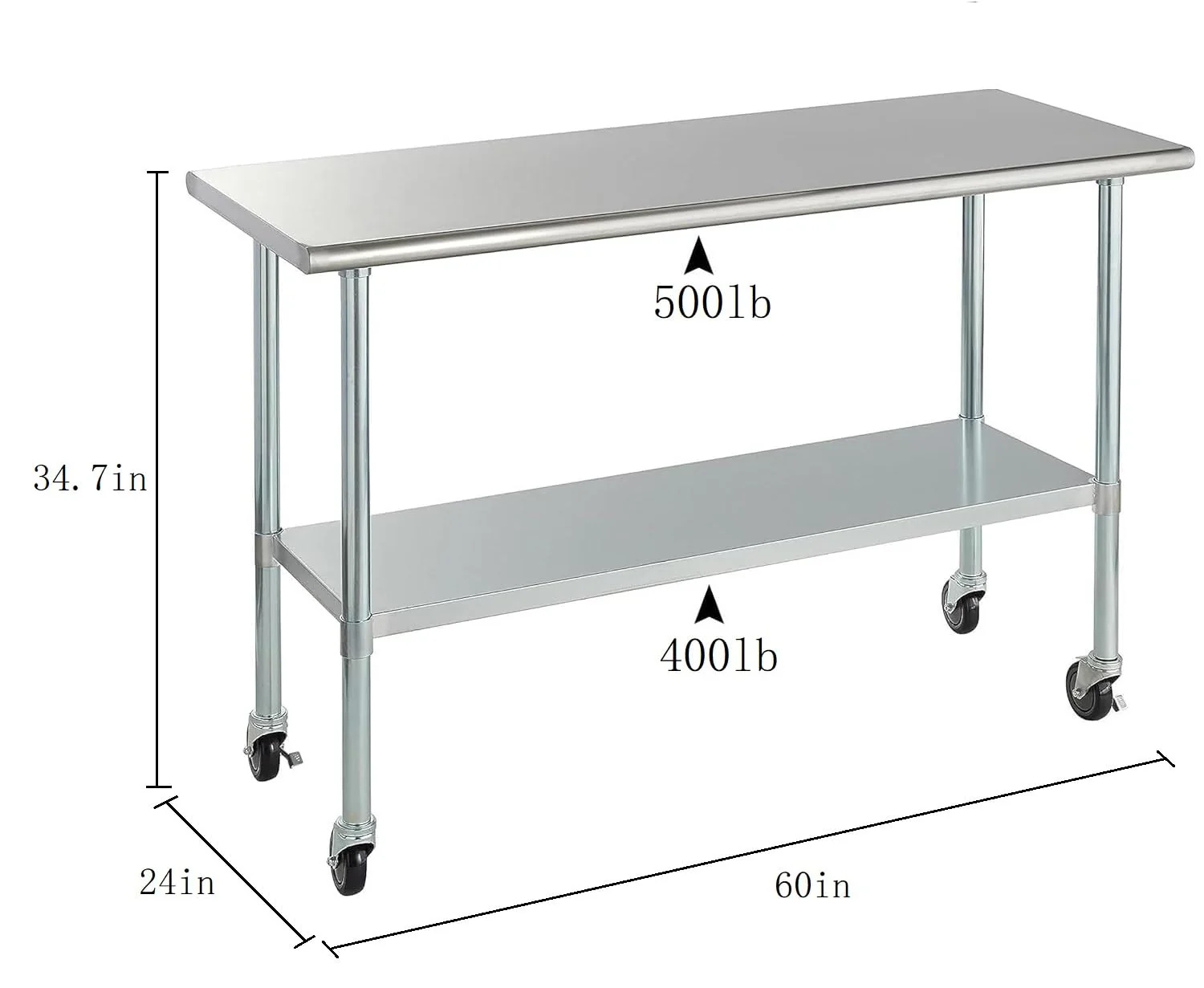 ROCKPOINT Stainless Steel Table for Prep & Work with Caster Wheels 24x60 Inches, NSF Metal Commercial Kitchen Heavy Duty Table with Adjustable Under Shelf and Table Foot for Restaurant, Home and Hotel - Image 5