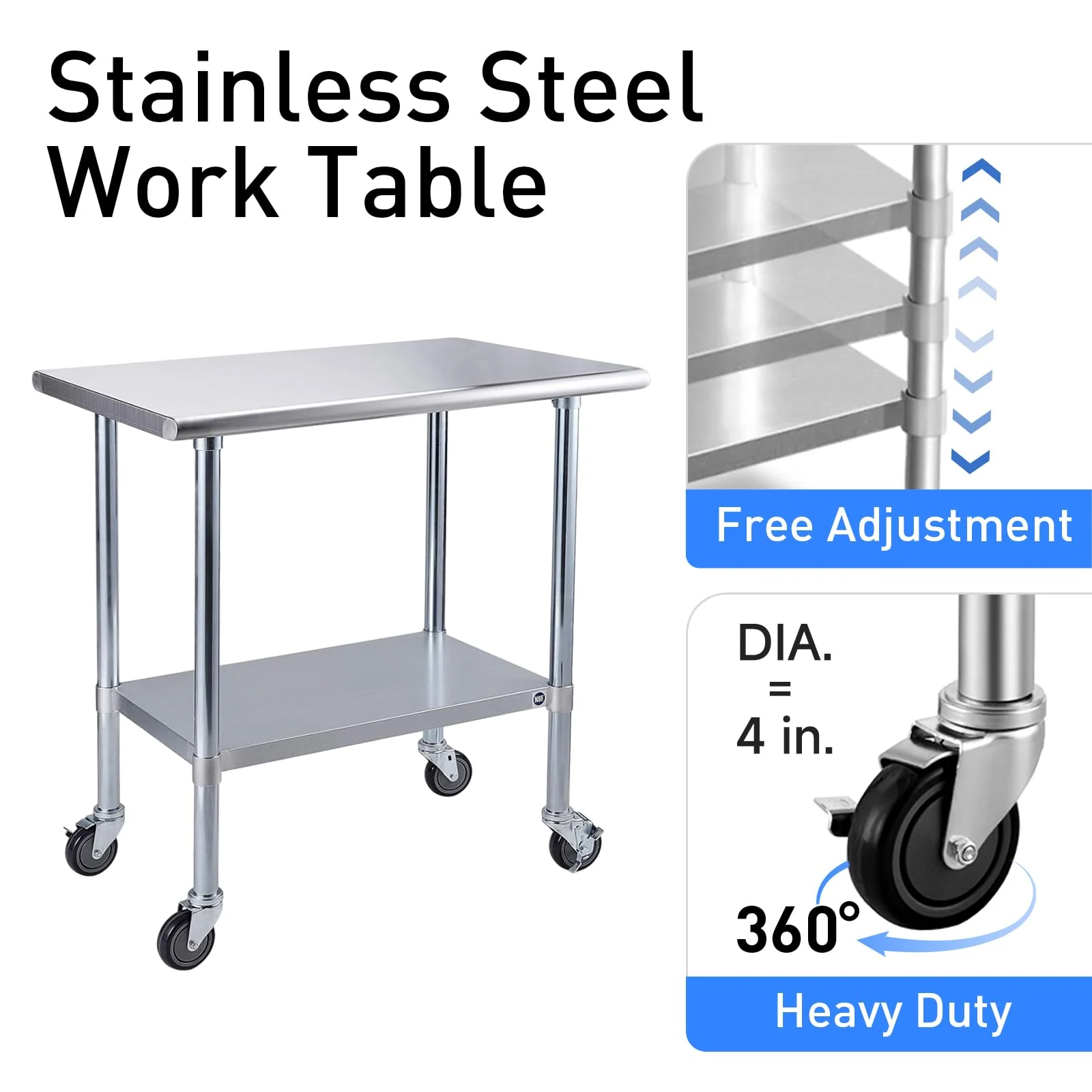 ROCKPOINT Stainless Steel Table for Prep & Work with Caster Wheels 24x60 Inches, NSF Metal Commercial Kitchen Heavy Duty Table with Adjustable Under Shelf and Table Foot for Restaurant, Home and Hotel - Image 6