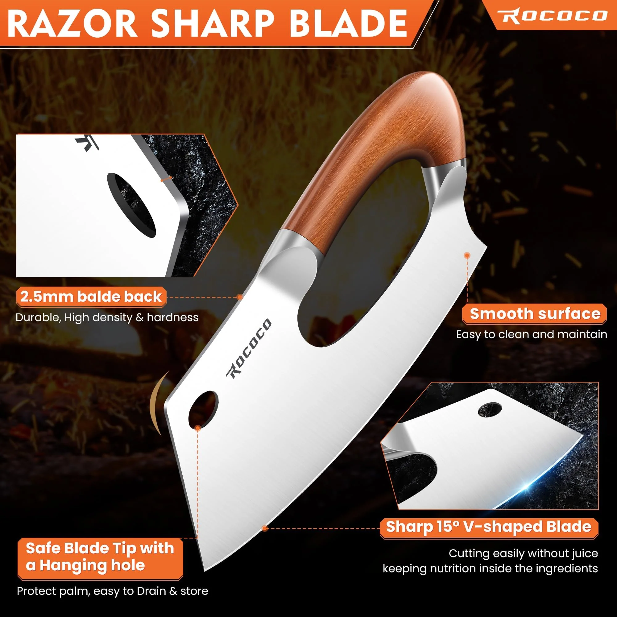 ROCOCO Meat Cleaver Knife Unique Effort Saving Kitchen Knife Professional Stainless Steel Chef Cooking Knives for Cutting Meat Vegetable Father Mother Christmas Gift Bronze - Image 6