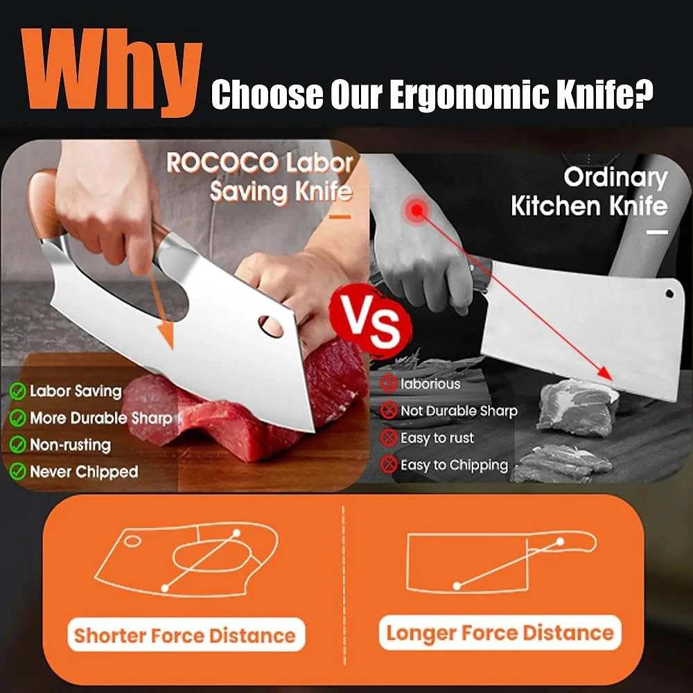 ROCOCO Meat Cleaver Knife Unique Effort Saving Kitchen Knife Professional Stainless Steel Chef Cooking Knives for Cutting Meat Vegetable Father Mother Christmas Gift Bronze - Image 8