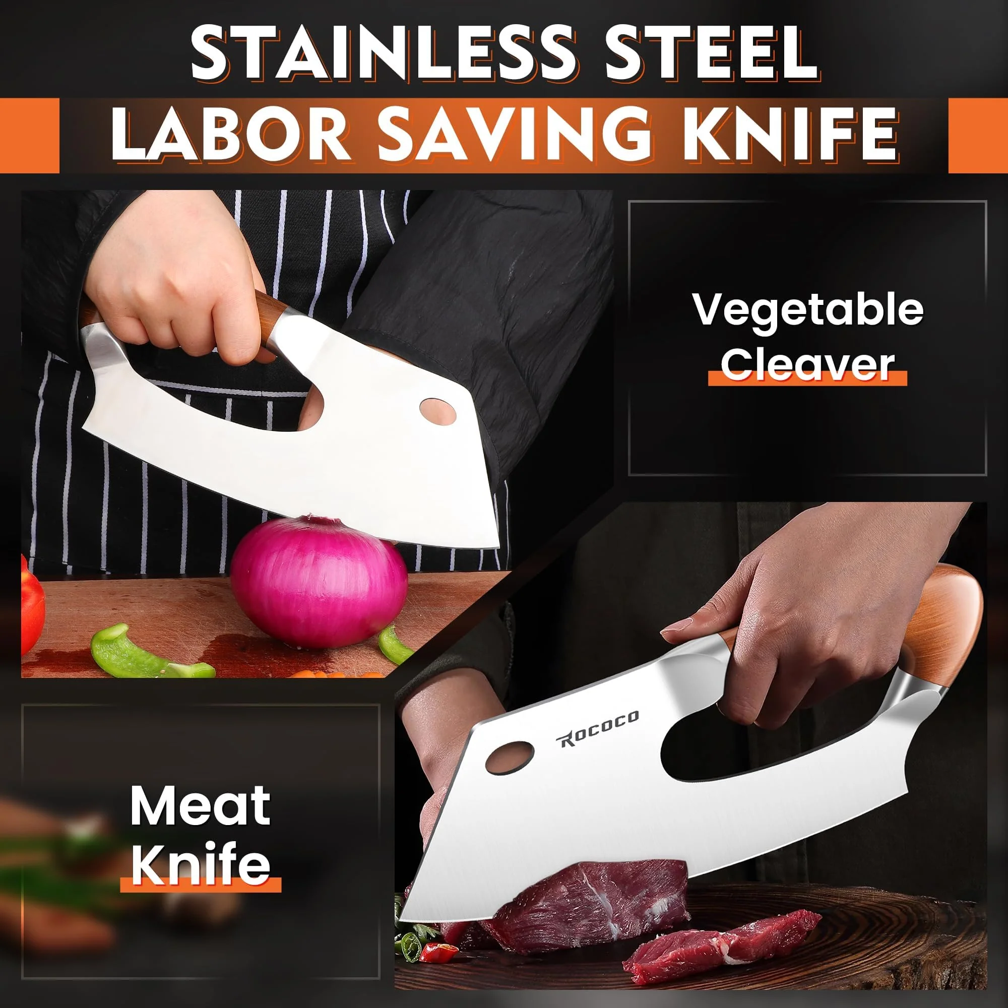 ROCOCO Meat Cleaver Knife Unique Effort Saving Kitchen Knife Professional Stainless Steel Chef Cooking Knives for Cutting Meat Vegetable Father Mother Christmas Gift Bronze - Image 9