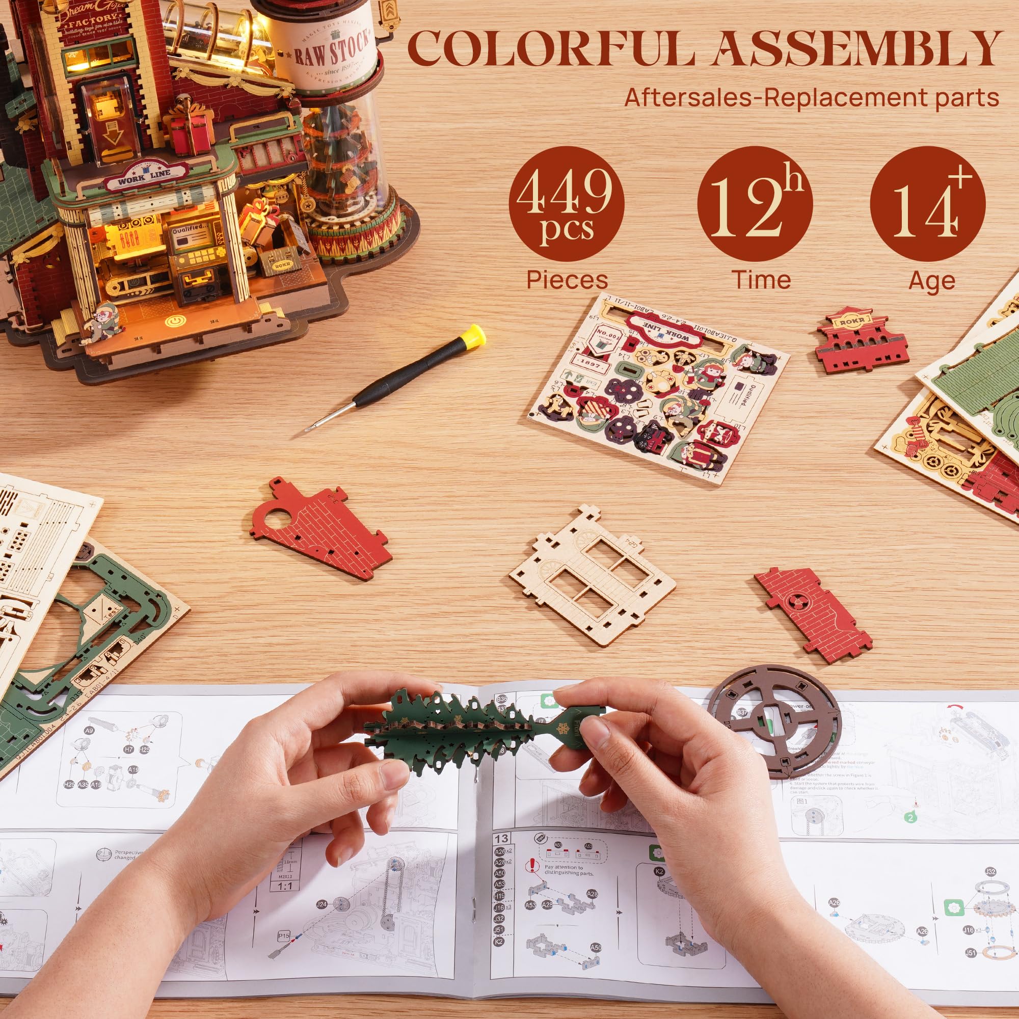 ROKR 3D Puzzle for Adults Christmas Style Dream Gift Factory Wooden Model Kit Luminous Factory DIY Dollhouse Kit Building with Music, Lights and 5 Elves for Adults - Image 3