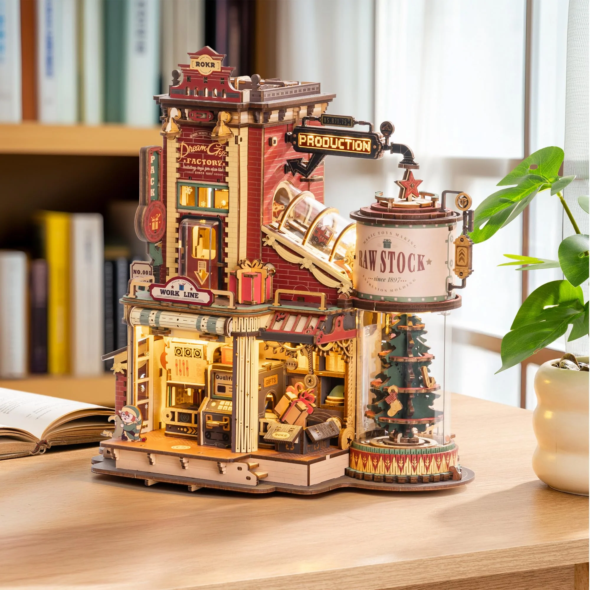 ROKR 3D Puzzle for Adults Christmas Style Dream Gift Factory Wooden Model Kit Luminous Factory DIY Dollhouse Kit Building with Music, Lights and 5 Elves for Adults - Image 4