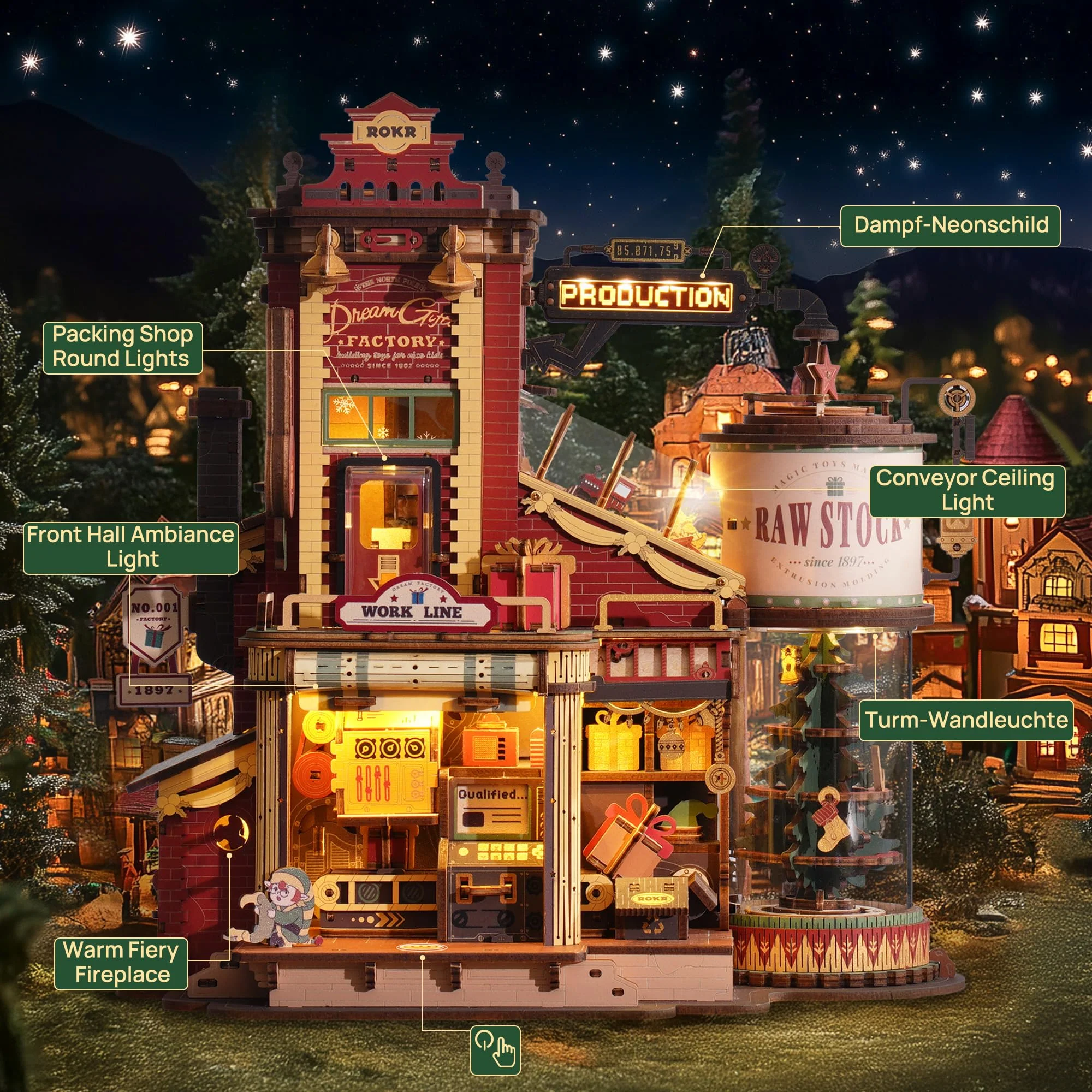 ROKR 3D Puzzle for Adults Christmas Style Dream Gift Factory Wooden Model Kit Luminous Factory DIY Dollhouse Kit Building with Music, Lights and 5 Elves for Adults - Image 5