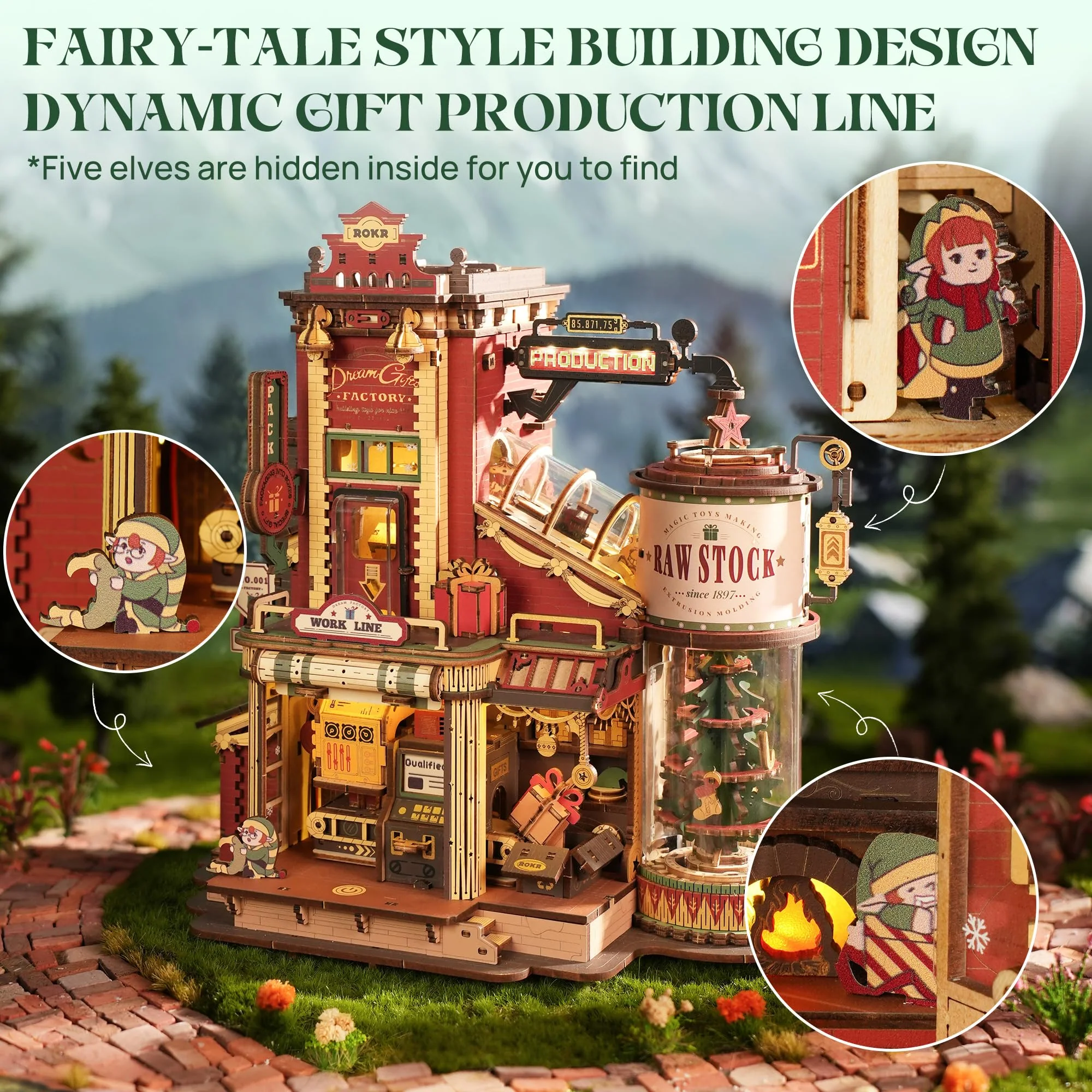 ROKR 3D Puzzle for Adults Christmas Style Dream Gift Factory Wooden Model Kit Luminous Factory DIY Dollhouse Kit Building with Music, Lights and 5 Elves for Adults - Image 7