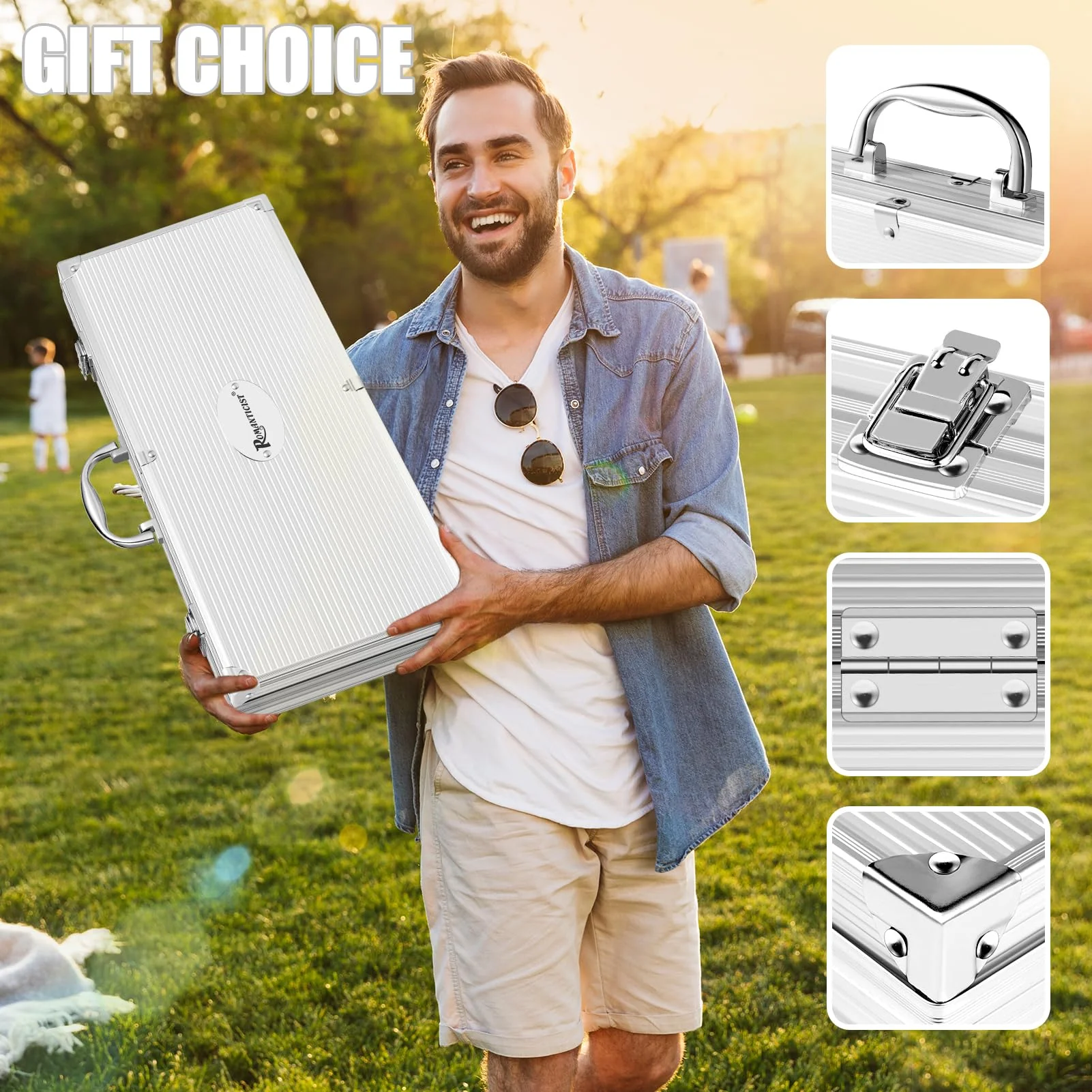 ROMANTICIST 26pcs Stainless Steel Grill Tool Set, Heavy Duty BBQ Grilling Accessories Gifts for Men Dad, Non-Slip Grill Utensils Kit with Apron, Thermometer, Mats in Aluminum Case for Christmas Silver - Image 2