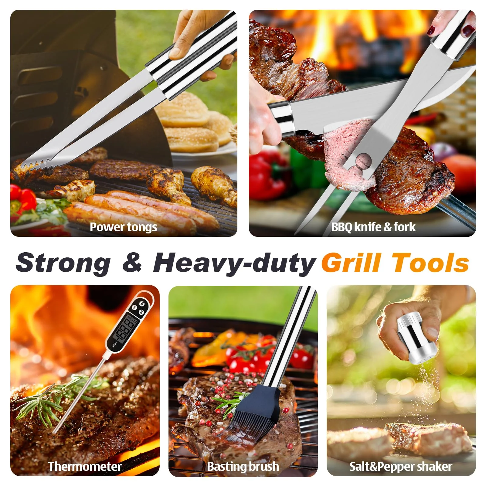 ROMANTICIST 26pcs Stainless Steel Grill Tool Set, Heavy Duty BBQ Grilling Accessories Gifts for Men Dad, Non-Slip Grill Utensils Kit with Apron, Thermometer, Mats in Aluminum Case for Christmas Silver - Image 4
