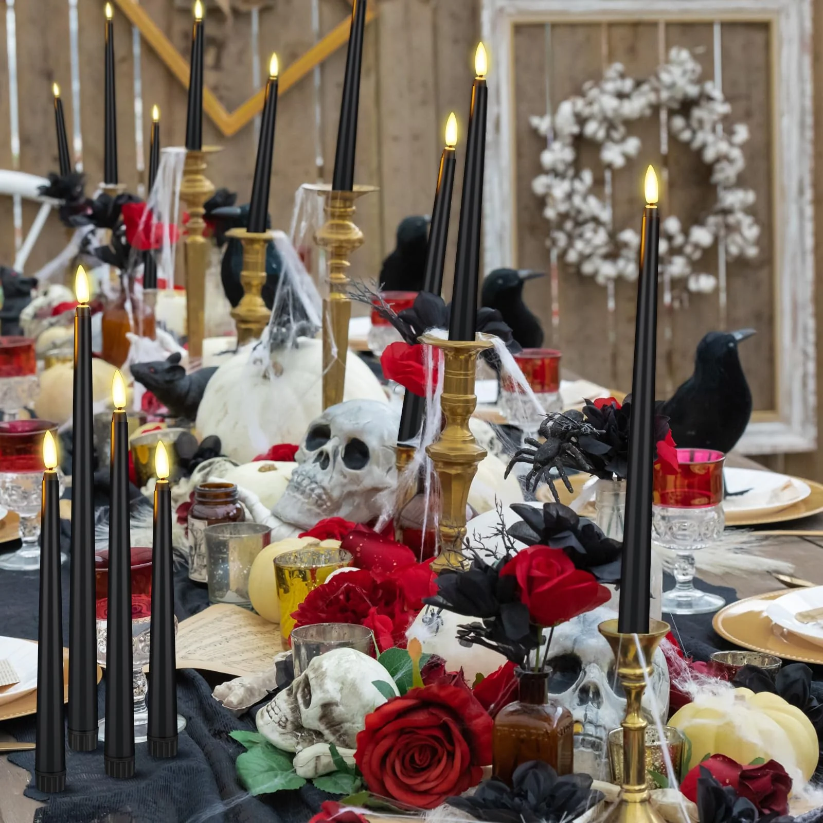 Rossesay 24 Pcs Flameless LED Taper Candles Battery Operated Candles 8.58'', 9.69'', 10.98'', 12.91'', 12.8'' Flameless Candlesticks Flickering for Halloween Christmas Church Wedding(Black) - Image 3