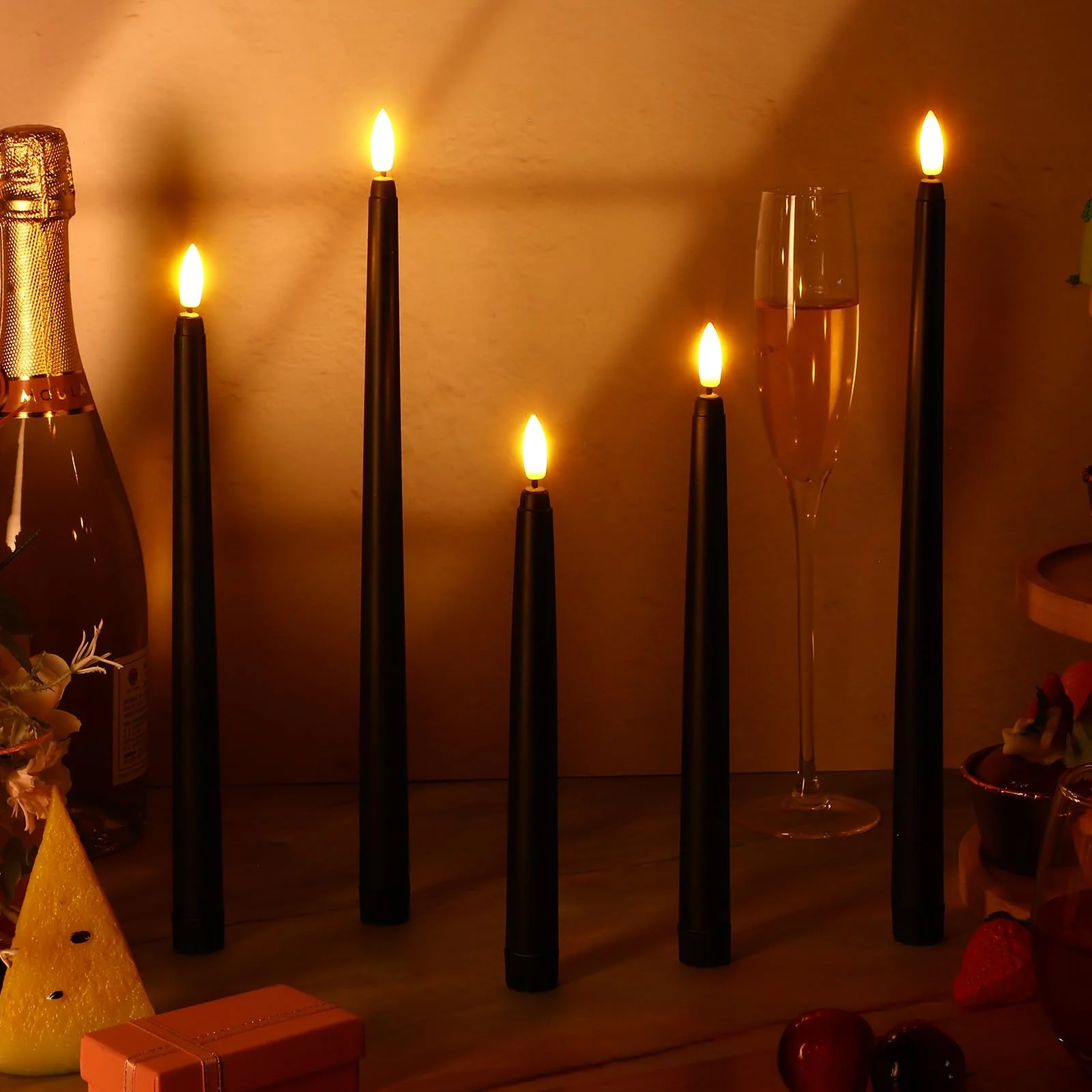 Rossesay 24 Pcs Flameless LED Taper Candles Battery Operated Candles 8.58'', 9.69'', 10.98'', 12.91'', 12.8'' Flameless Candlesticks Flickering for Halloween Christmas Church Wedding(Black) - Image 7