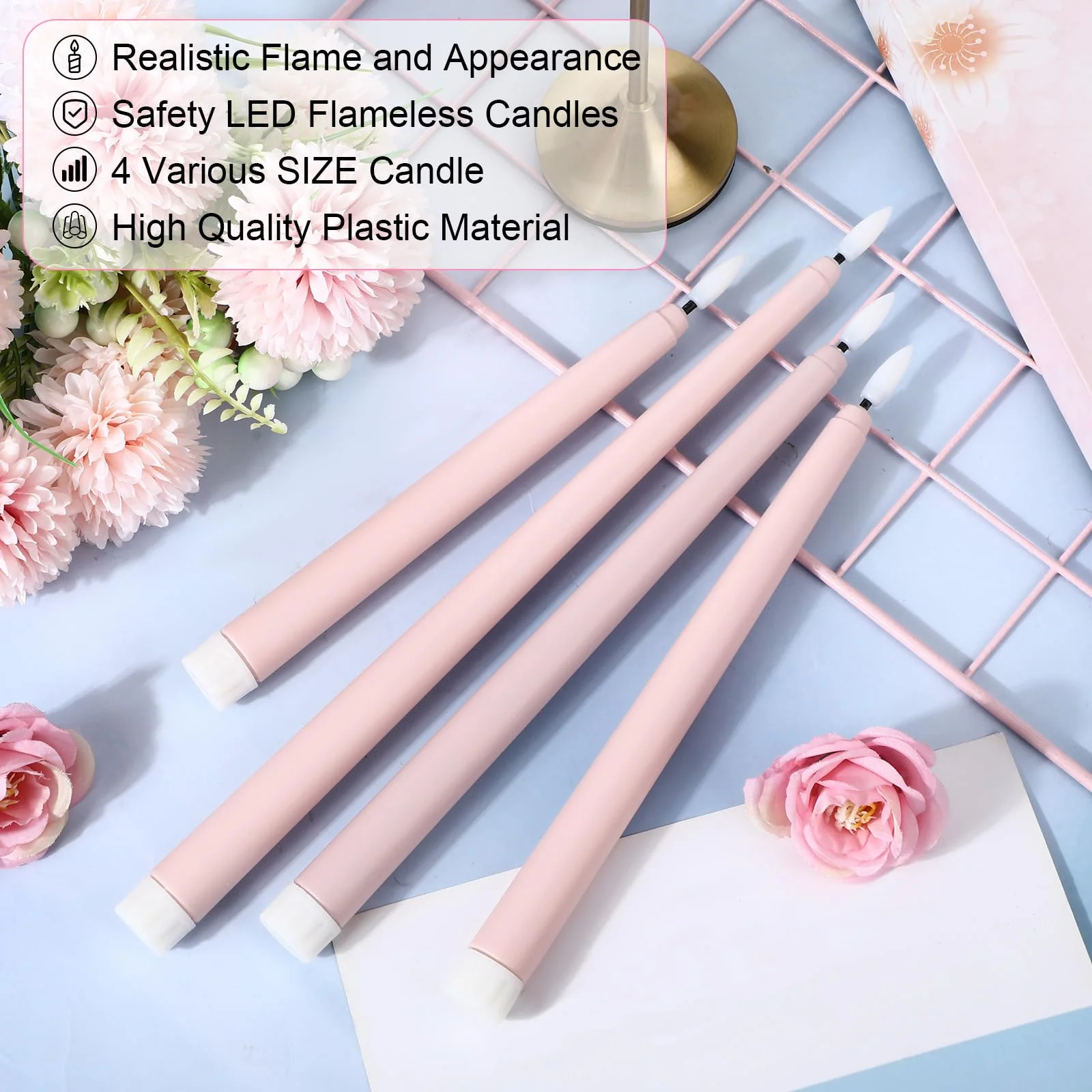 Rossesay 24 Pcs Flameless LED Taper Candles Battery Operated Candles 8.58'', 9.69'', 10.98'', 12.91'', 12.8'' Flameless Candlesticks Flickering for Halloween Christmas Church Wedding(Dusty Pink) - Image 4
