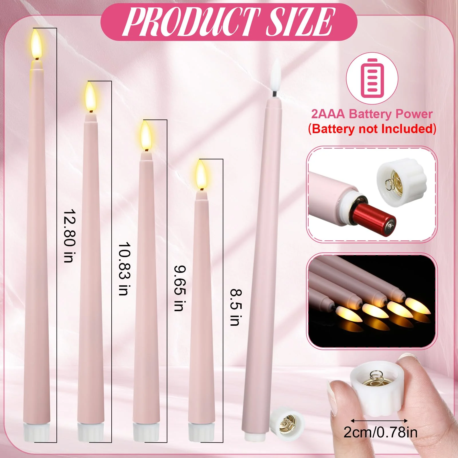 Rossesay 24 Pcs Flameless LED Taper Candles Battery Operated Candles 8.58'', 9.69'', 10.98'', 12.91'', 12.8'' Flameless Candlesticks Flickering for Halloween Christmas Church Wedding(Dusty Pink) - Image 6