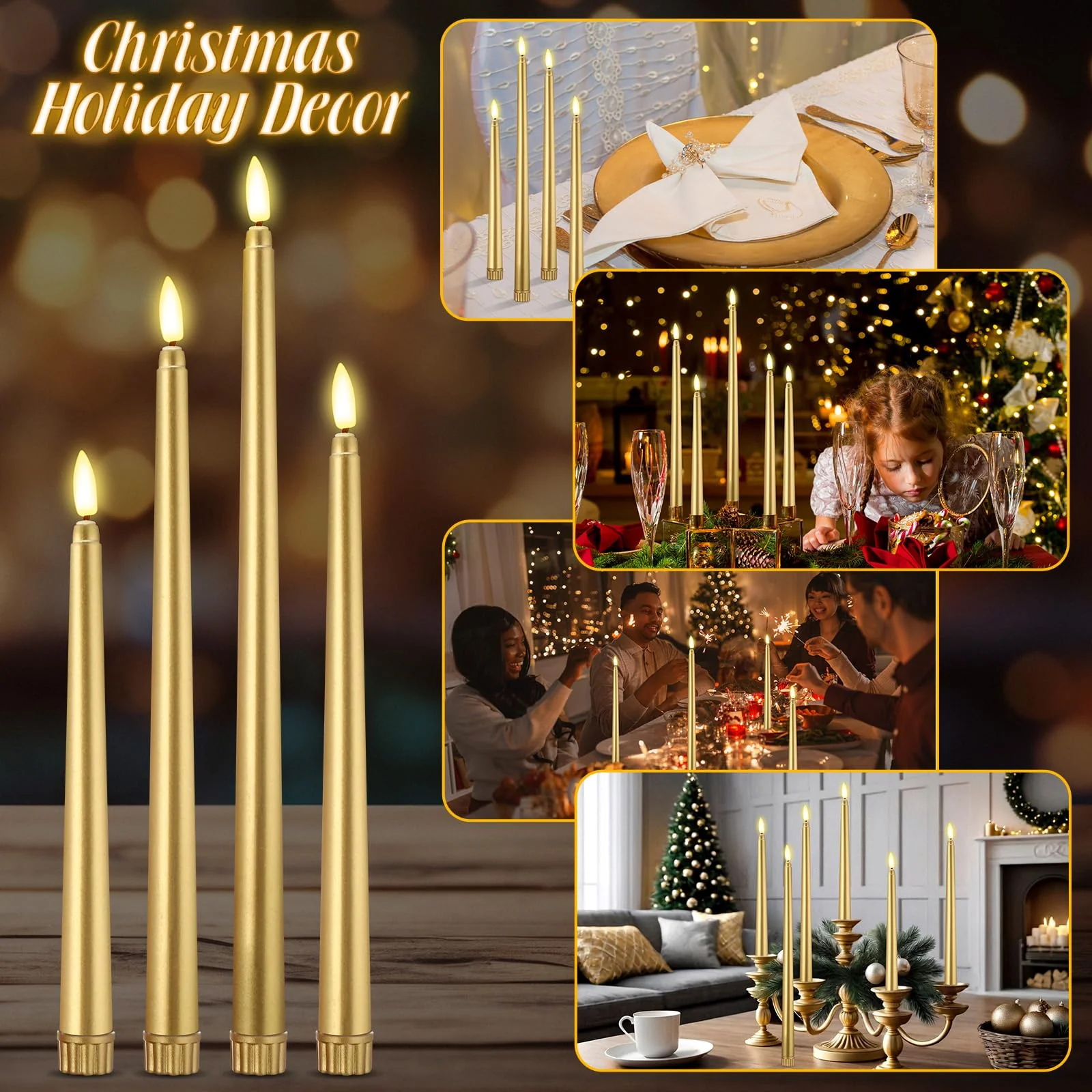 Rossesay 24 Pcs Flameless LED Taper Candles Battery Operated Candles 8.58'', 9.69'', 10.98'', 12.91'', 12.8'' Flameless Candlesticks Flickering for Halloween Christmas Church Wedding(Golden) - Image 2