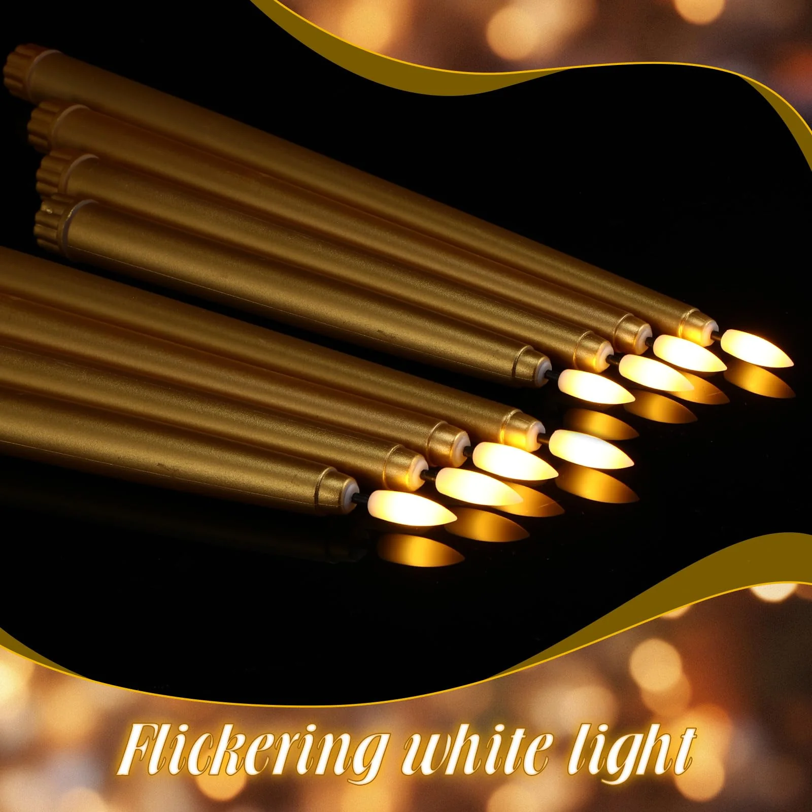 Rossesay 24 Pcs Flameless LED Taper Candles Battery Operated Candles 8.58'', 9.69'', 10.98'', 12.91'', 12.8'' Flameless Candlesticks Flickering for Halloween Christmas Church Wedding(Golden) - Image 3