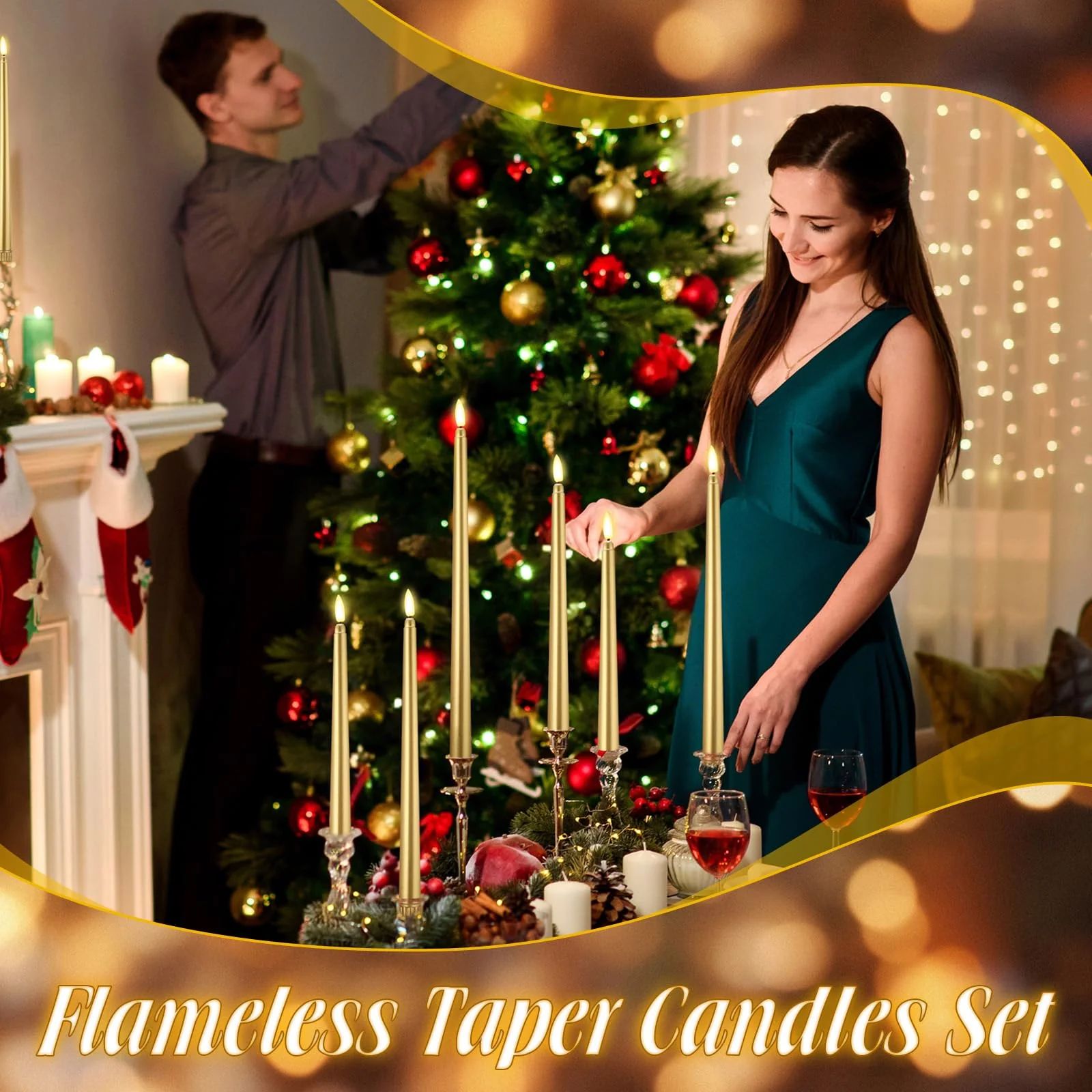 Rossesay 24 Pcs Flameless LED Taper Candles Battery Operated Candles 8.58'', 9.69'', 10.98'', 12.91'', 12.8'' Flameless Candlesticks Flickering for Halloween Christmas Church Wedding(Golden) - Image 4