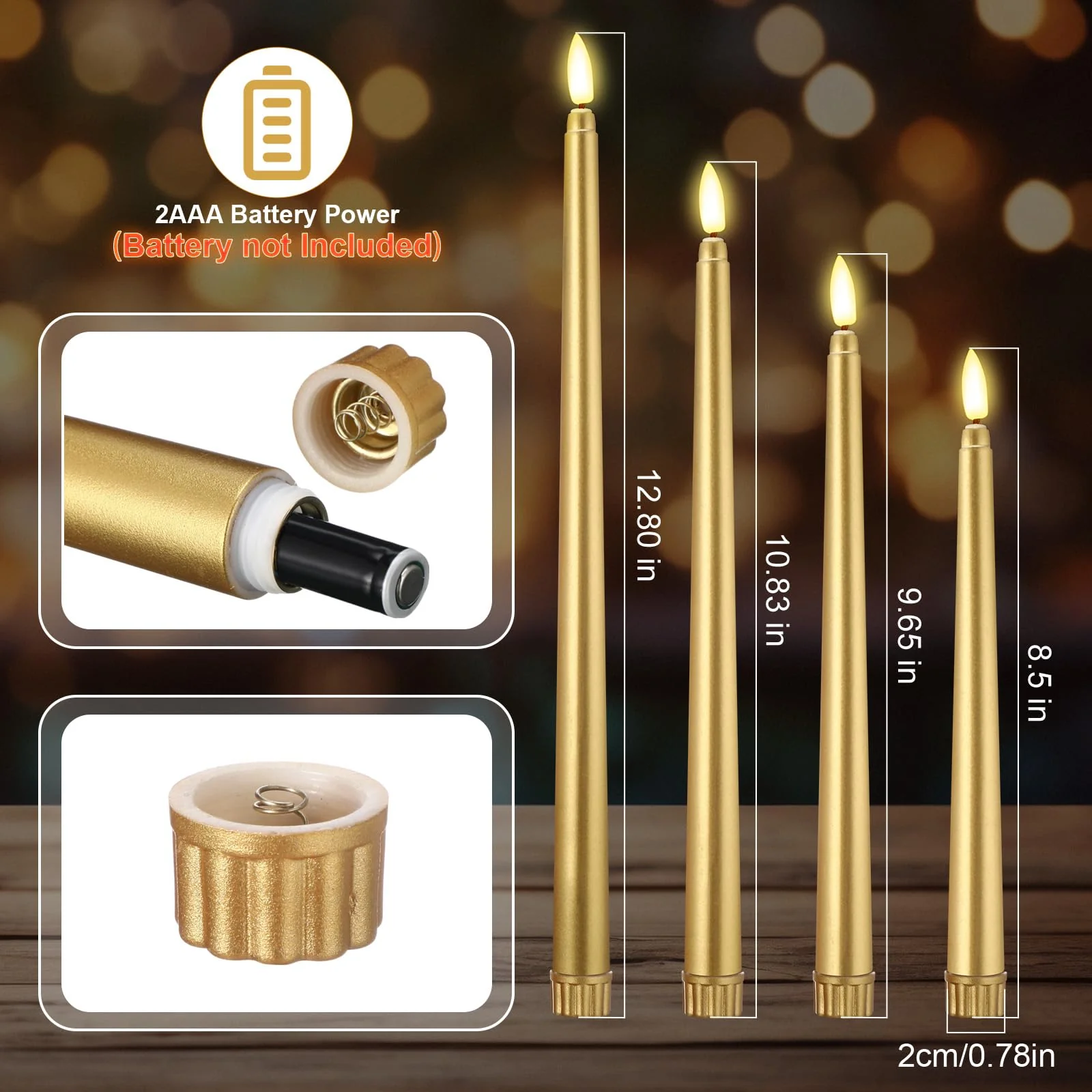Rossesay 24 Pcs Flameless LED Taper Candles Battery Operated Candles 8.58'', 9.69'', 10.98'', 12.91'', 12.8'' Flameless Candlesticks Flickering for Halloween Christmas Church Wedding(Golden) - Image 5