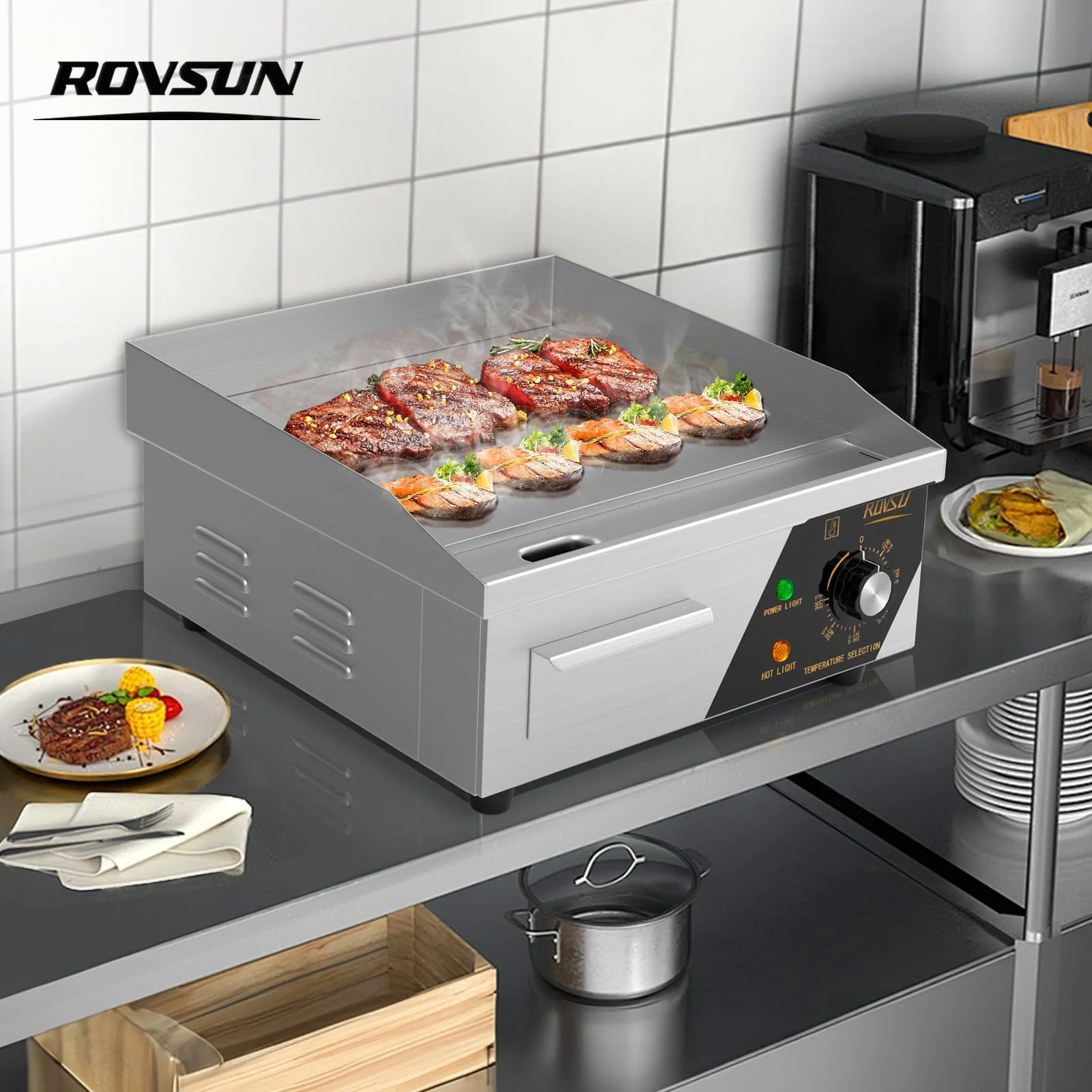 ROVSUN 14" Electric Countertop Flat Top Griddle, 1500W Electric Griddle, Teppanyaki Grill Stainless Steel with Adjustable Temperature Control 122°F-572°F for Home Restaurant Commercial - Image 3