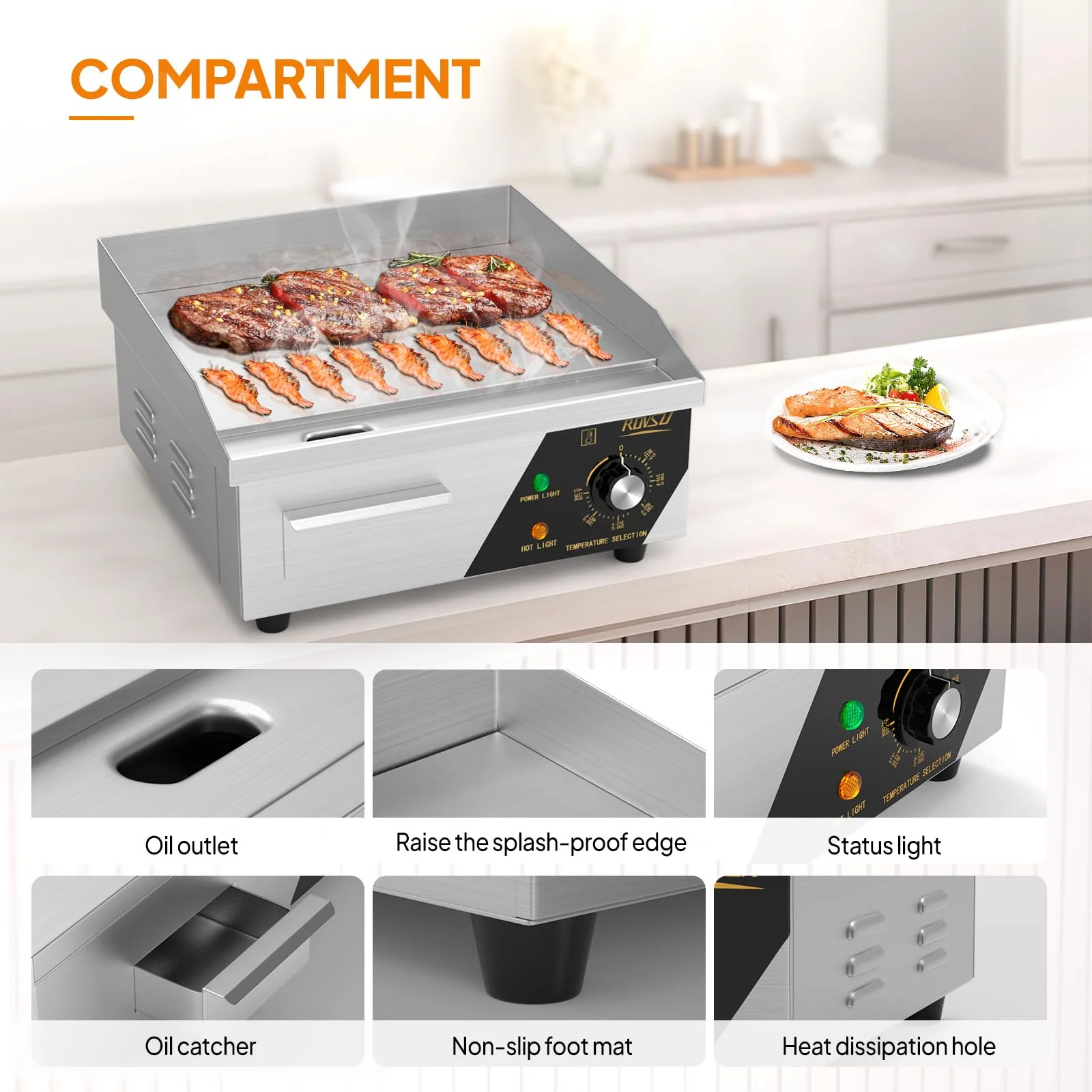 ROVSUN 14" Electric Countertop Flat Top Griddle, 1500W Electric Griddle, Teppanyaki Grill Stainless Steel with Adjustable Temperature Control 122°F-572°F for Home Restaurant Commercial - Image 4